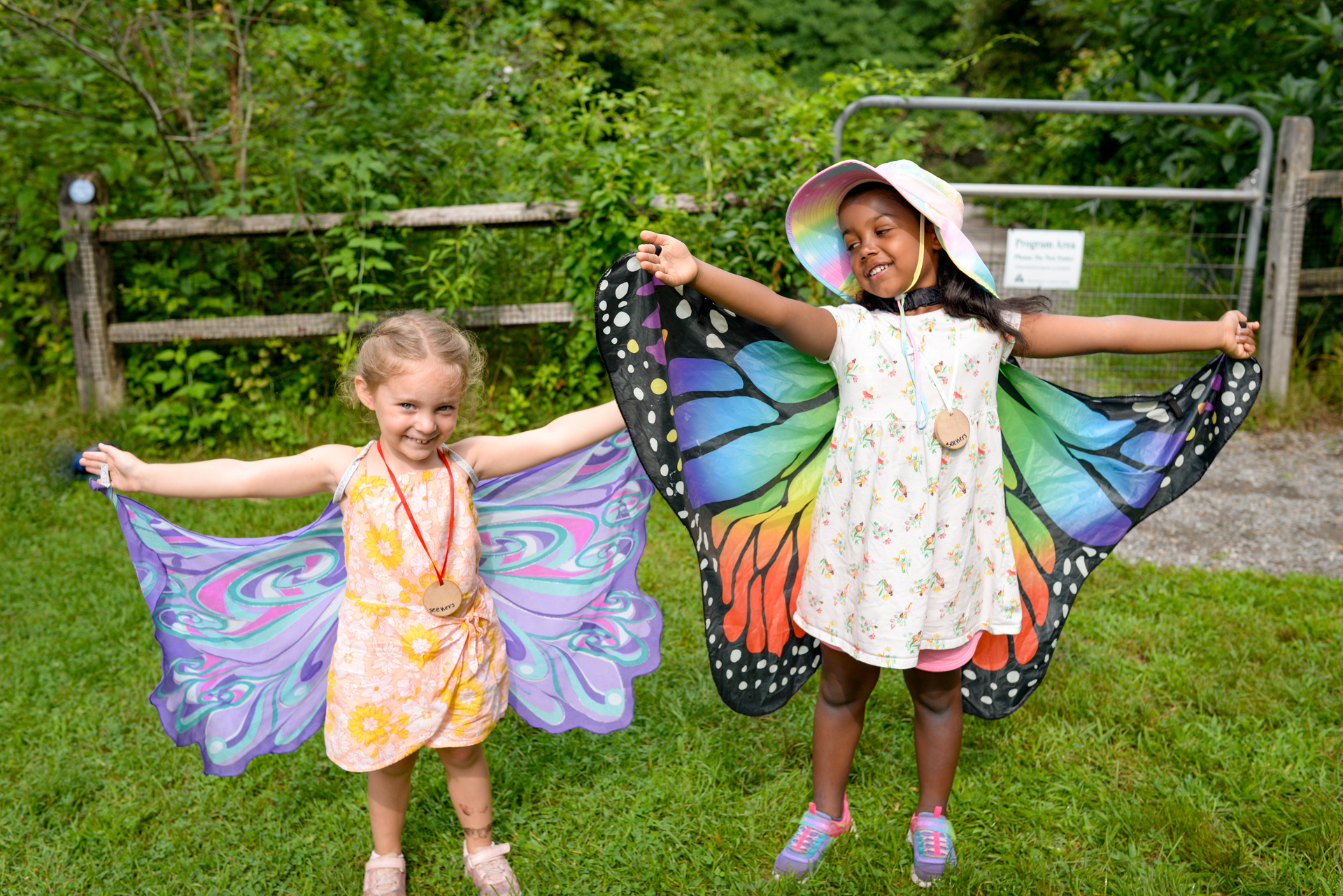 Two campers at Drumlin Farm Camp with their arms outstretched, wearing brightly colored butterfly wings