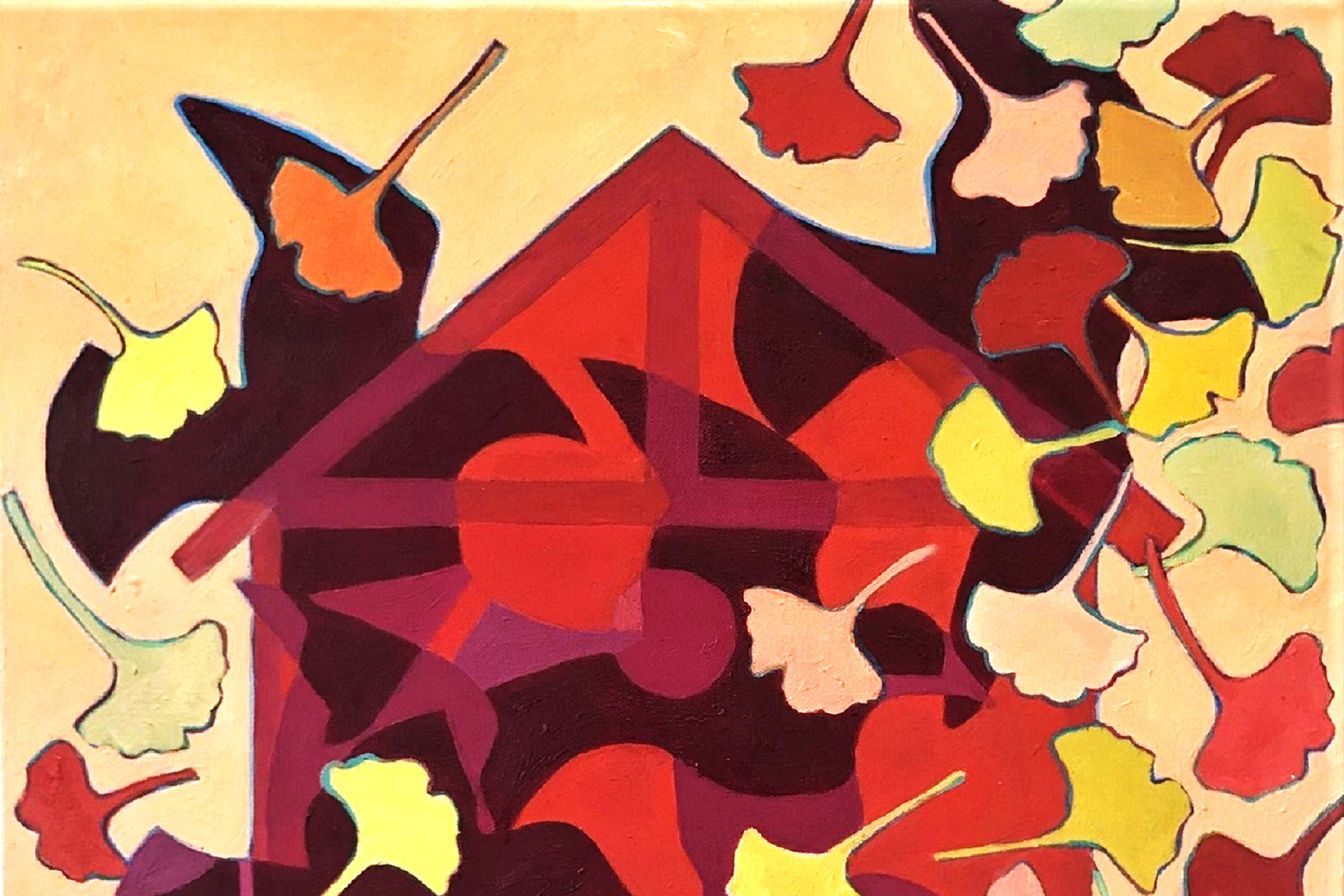 A painting of a red birdhouse frame surrounded by warm-toned ginko leaves