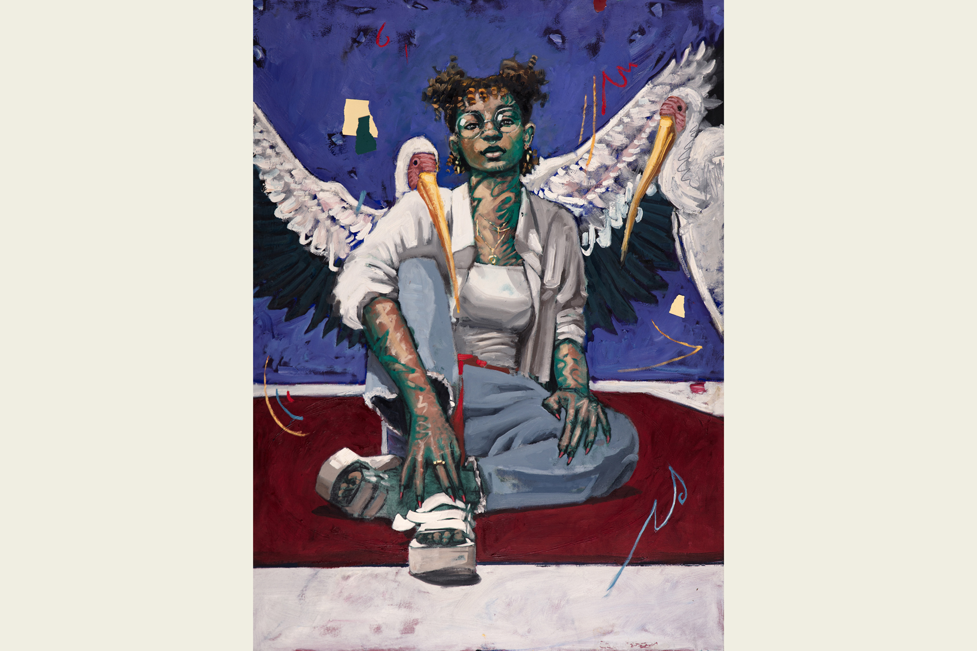 Oil painting of a young Black woman in casual clothing seated on a red rug, flanked by two birds with large black-and-white wingspans.