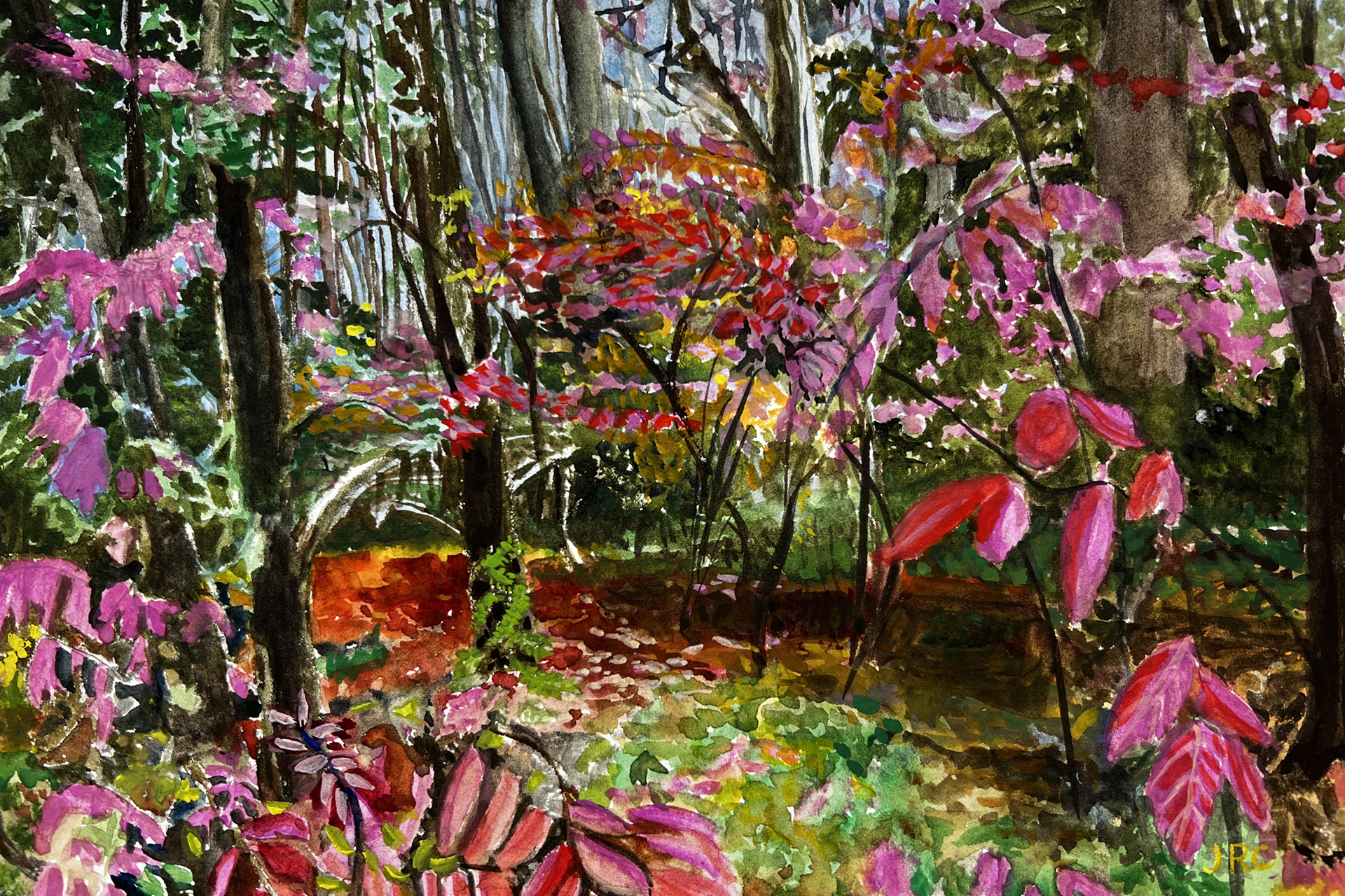 Painting of bright pink flowers on vines in a forest