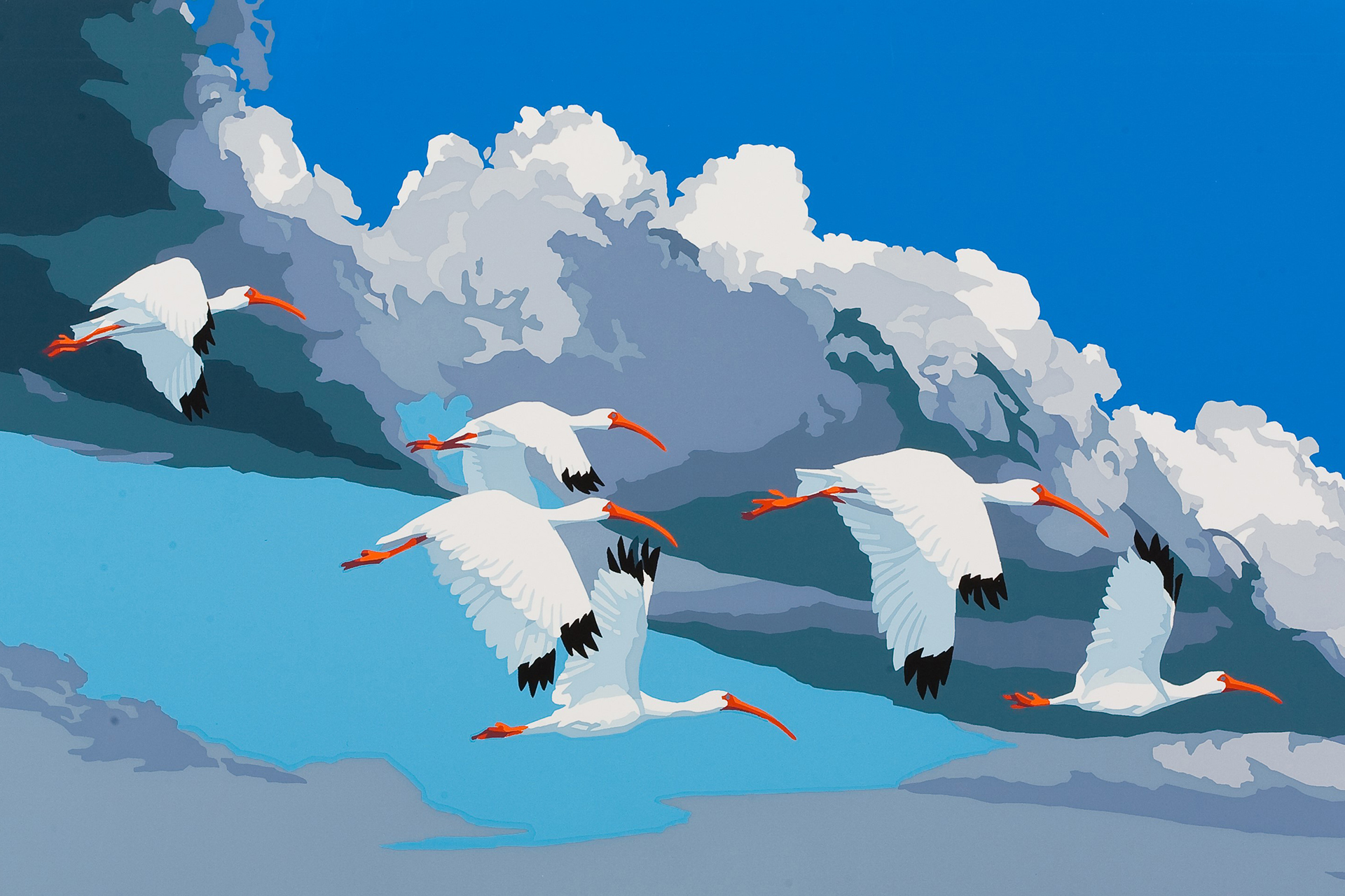 Painting of white birds with orange feet and beaks flying in front of clouds