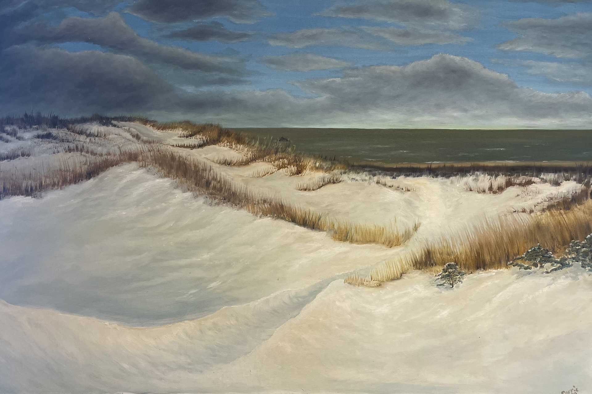 Painting of sand dunes with the ocean in the far background