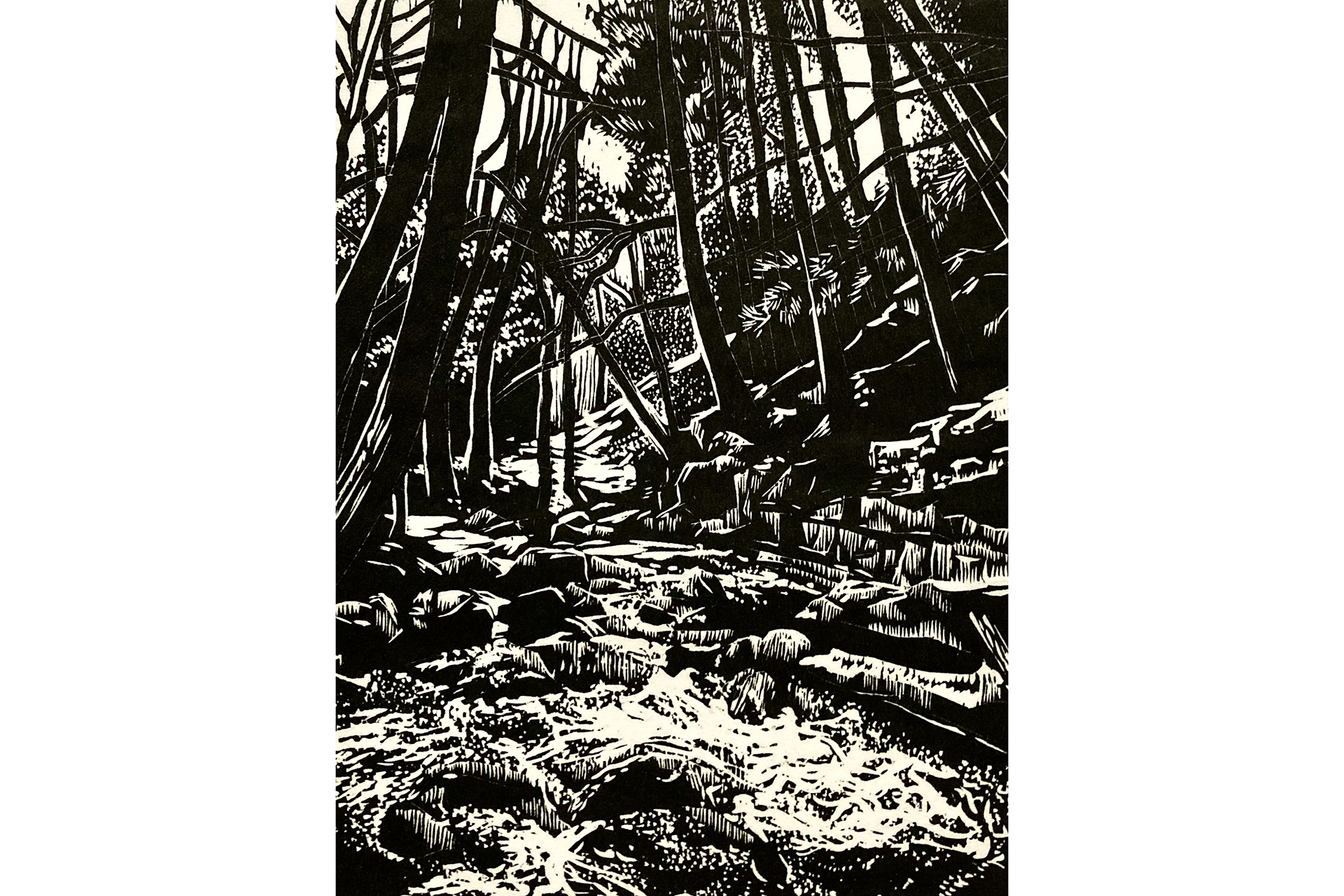 Black and white vertical woodcut of a forest surrounding a river