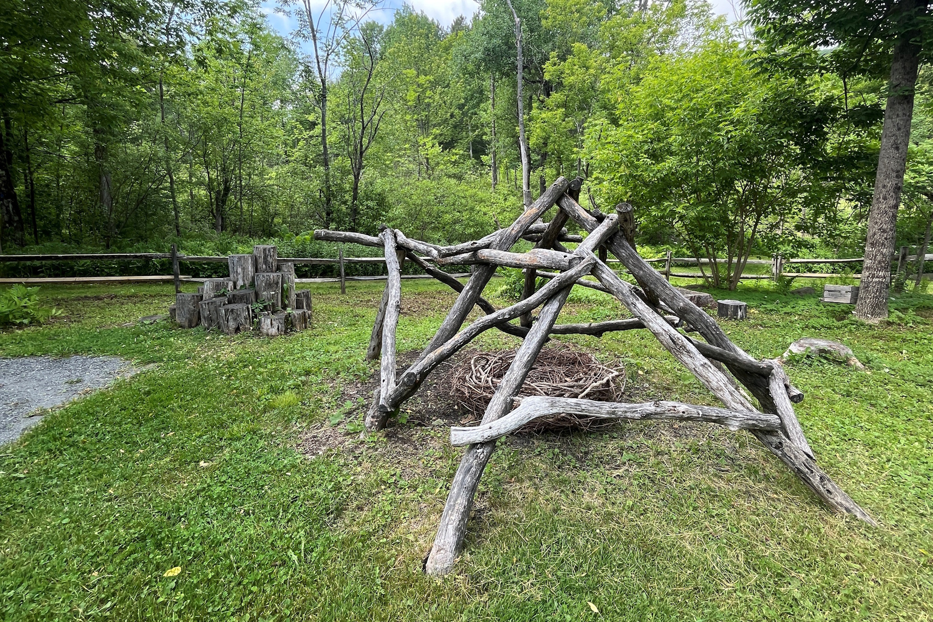 Nature Play structure made of reclaimed branches at Pleasant Valley