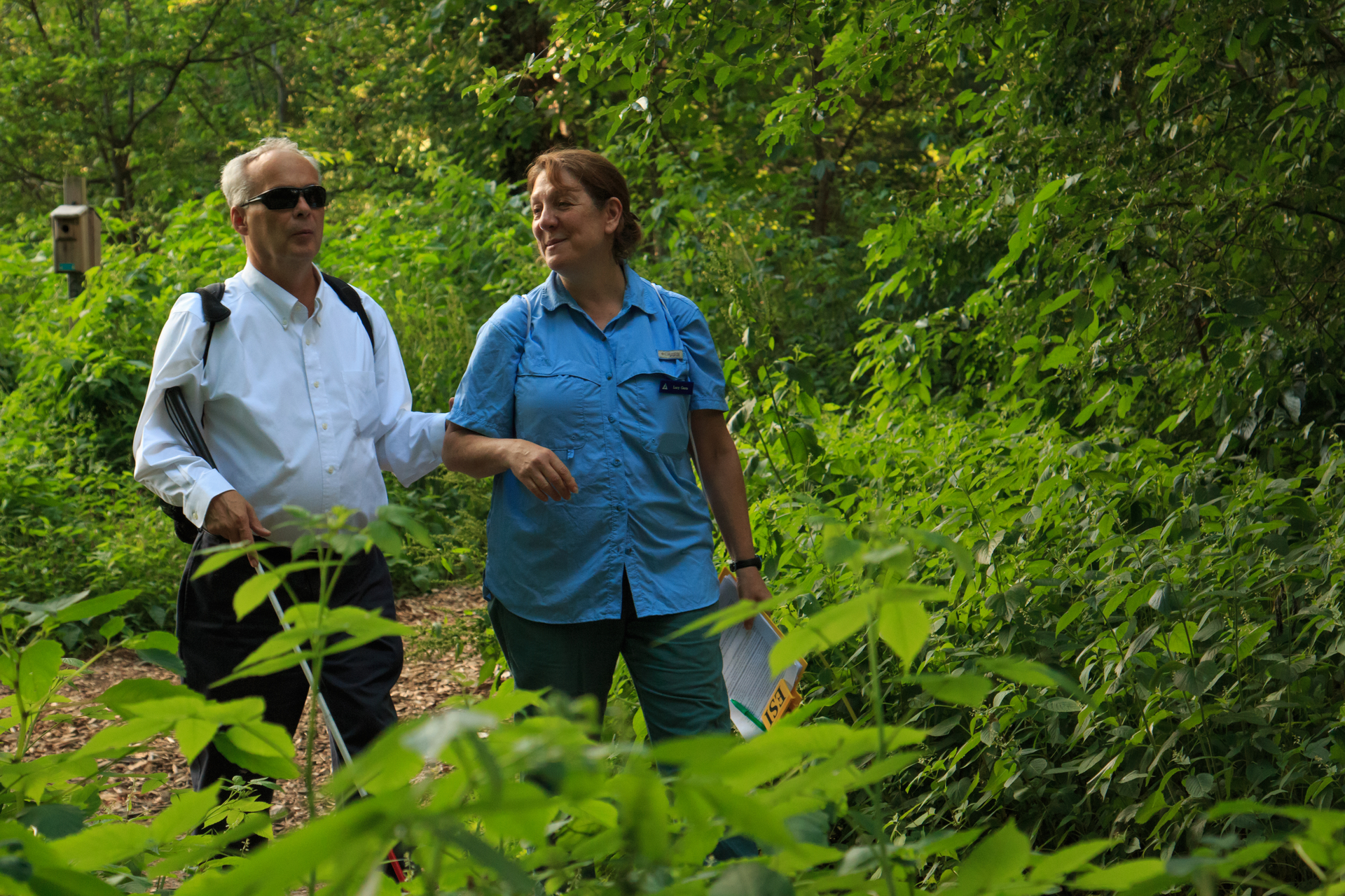 One person leading another along a trail, surrounded by lush greenery