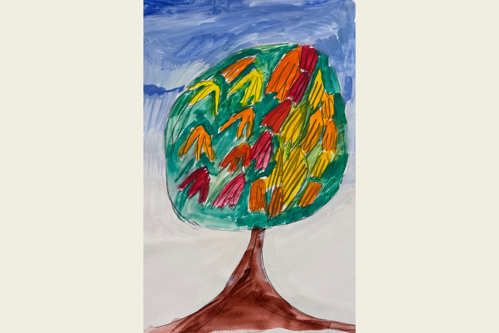 Painting of bright, fall leaves on a tree