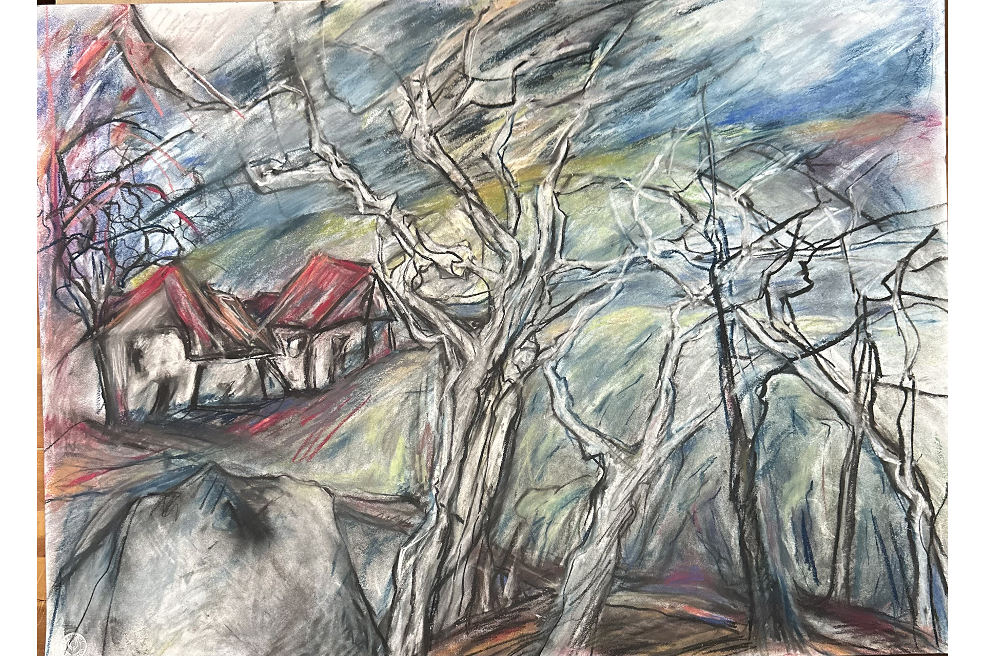 Painting of a white building with a red roof beyond bare white trees