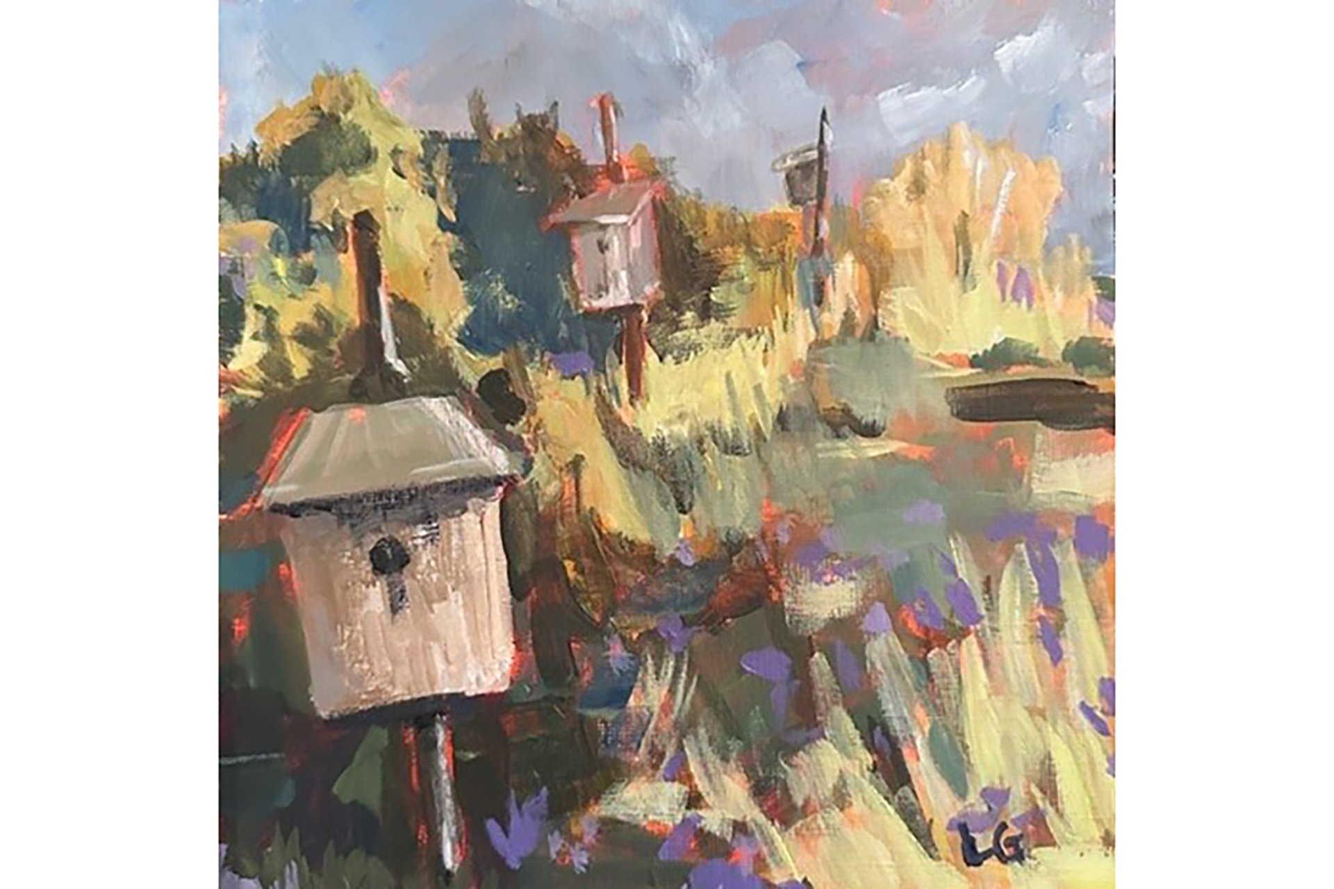 painting of birdhouses among tall grass