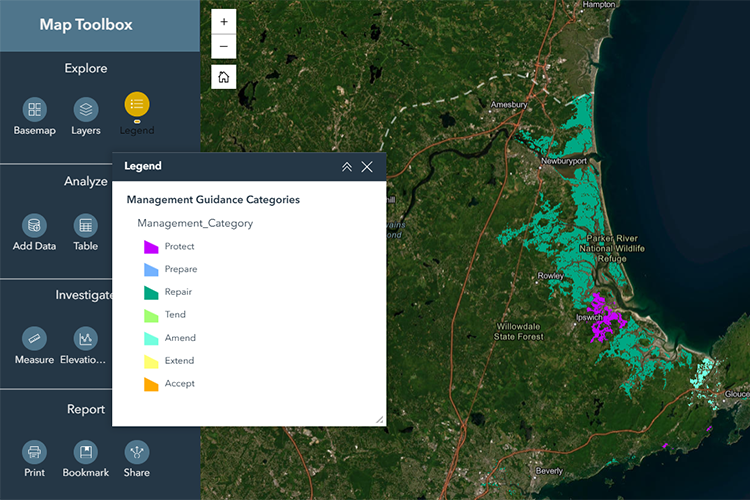 Screen shot of the framework tool with icons, a color-coded legend and a map of north shore with several areas on the coast lit up in green and purple