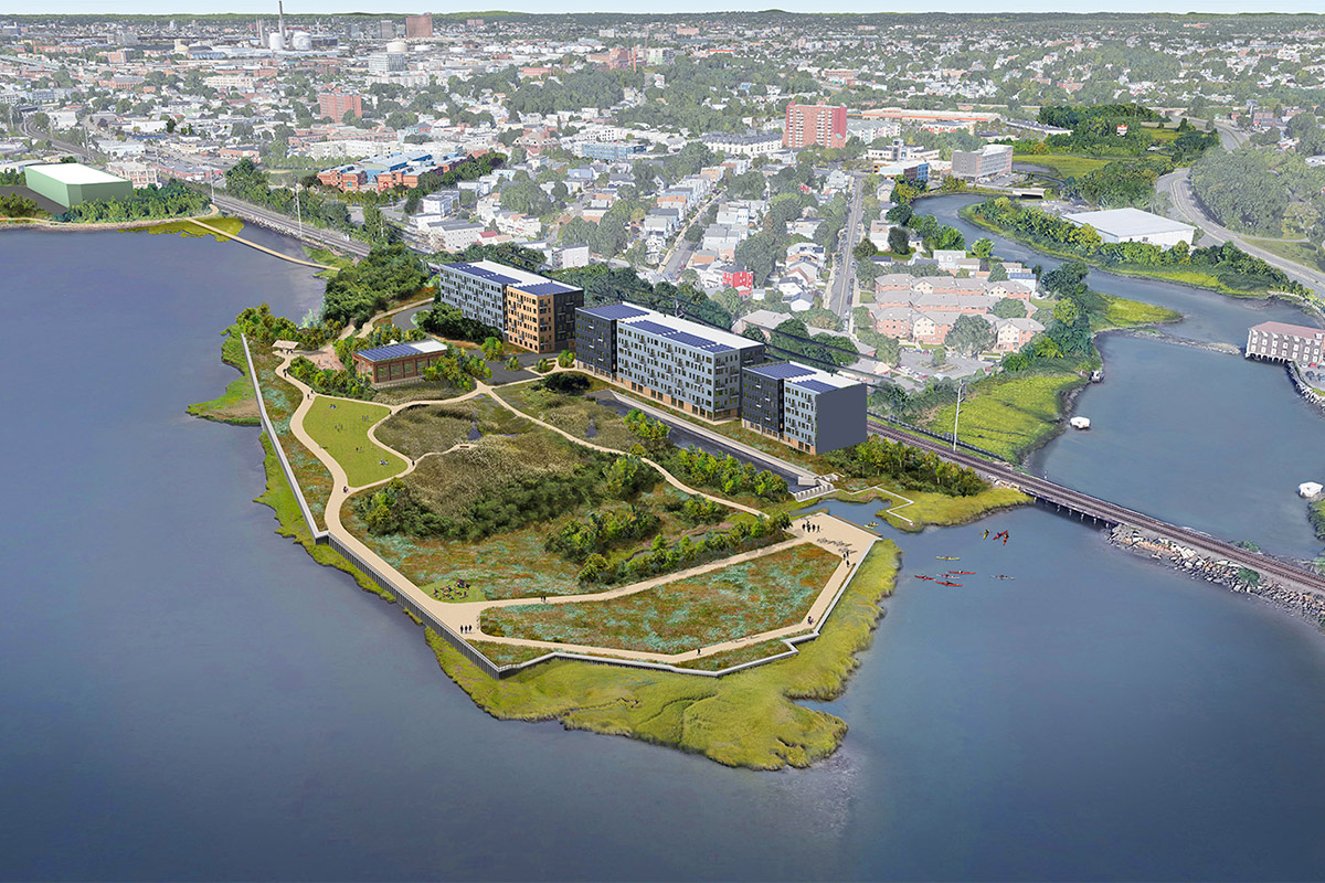 Rendering of Chelsea Waterfront park with housing