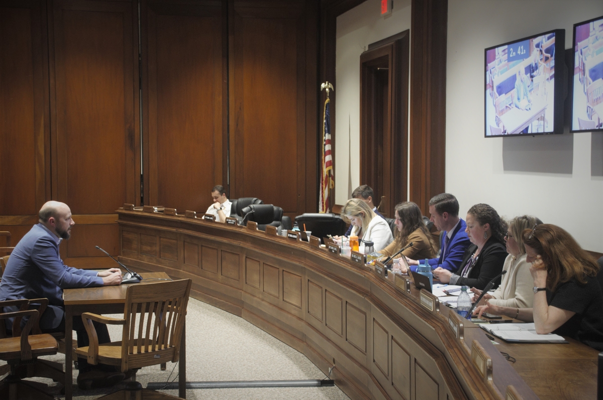 Person speaking to panel of legislators