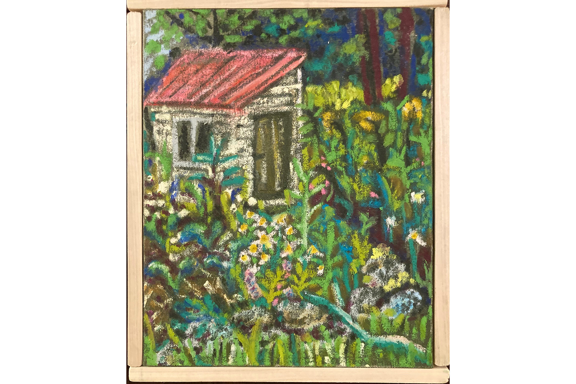 Painting of a small shack with a red roof amid greenery