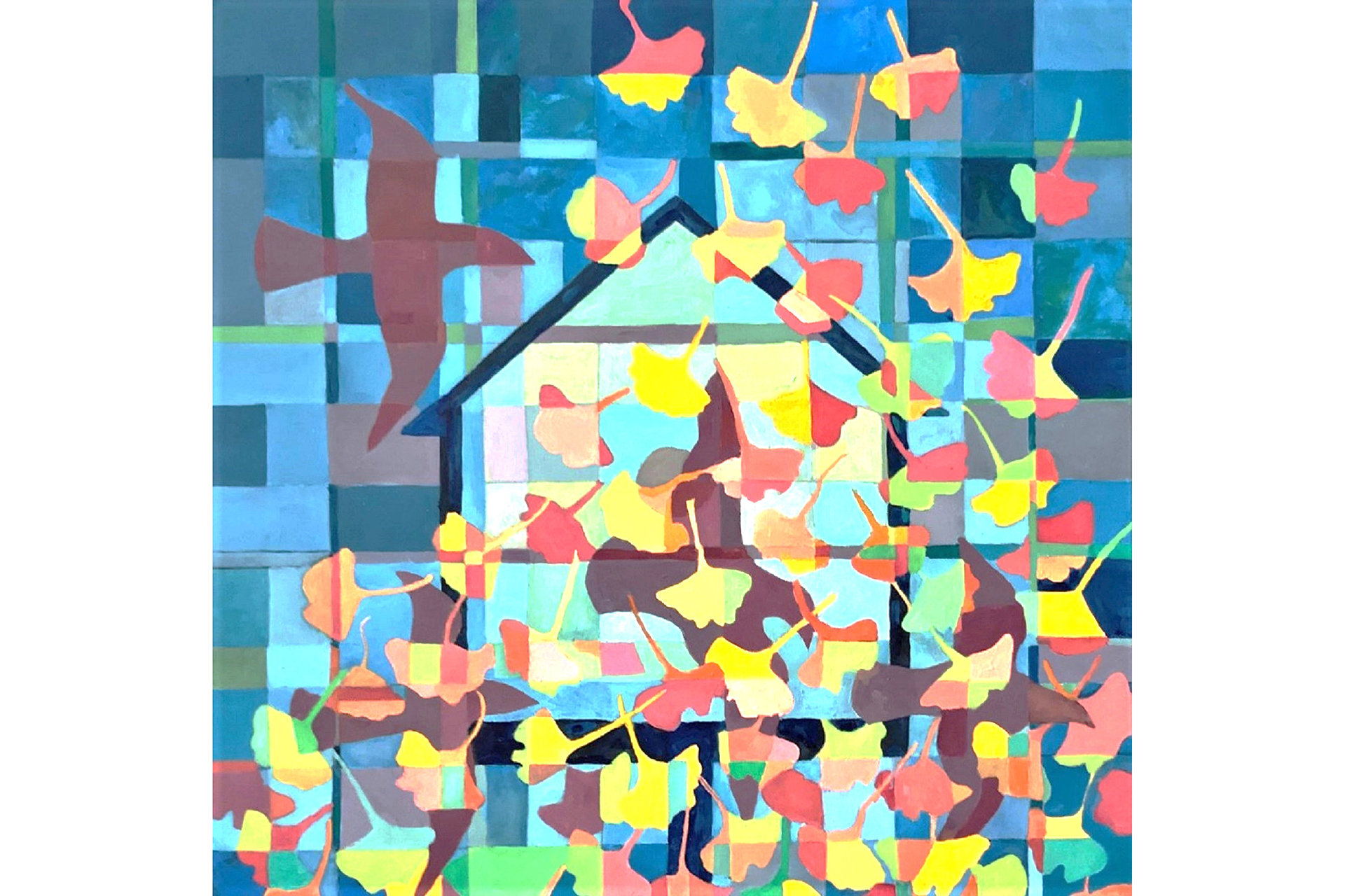 A painting of a blue-toned birdhouse frame surrounded by multicolored ginko leaves and a bird in flight