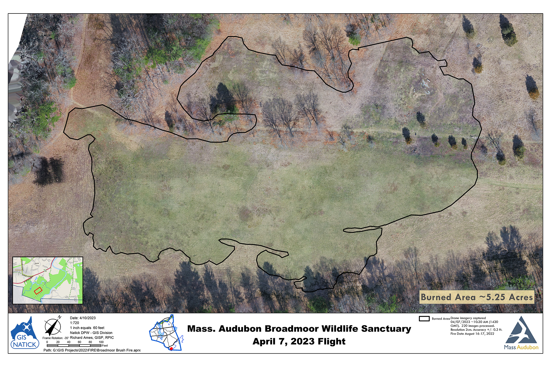 Aerial view of Broadmoor showing brush fire recovery, a budding field of pale new grass, as of April 7, 2023
