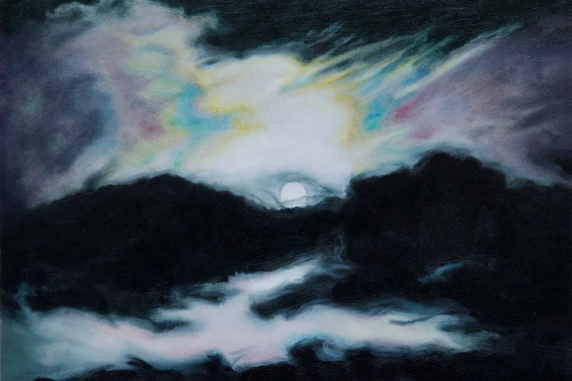 Painting of a full moon on a cloudy night, light scattering across pastel-hued clouds