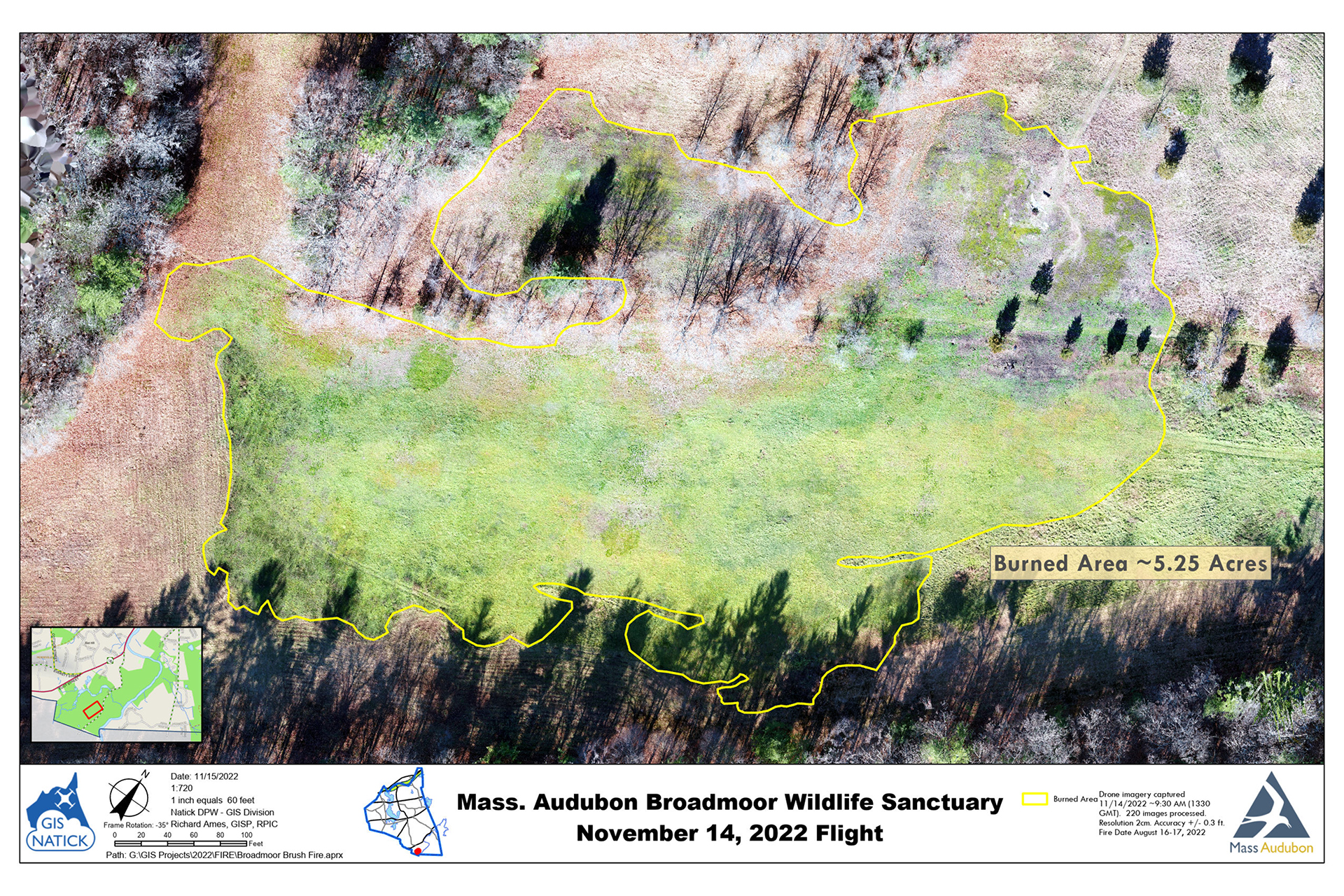Aerial view of Broadmoor showing brush fire recovery, a pale green field surrounded by dark evergreens, as of November 14, 2022