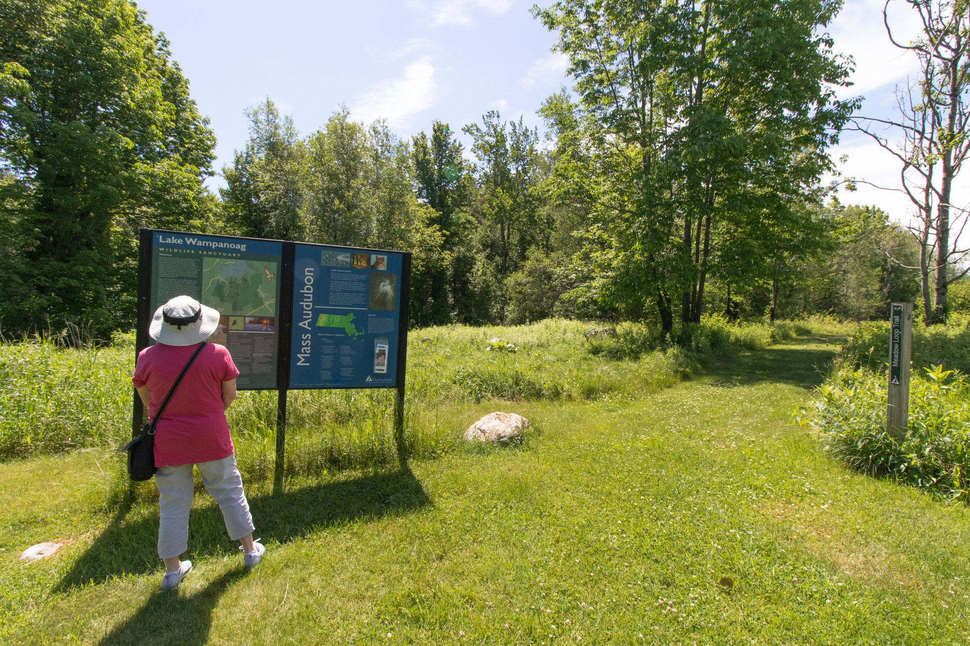 Person in a sunhat reviews the Lake Wampanoag bulletin. A green trail is off to their left.