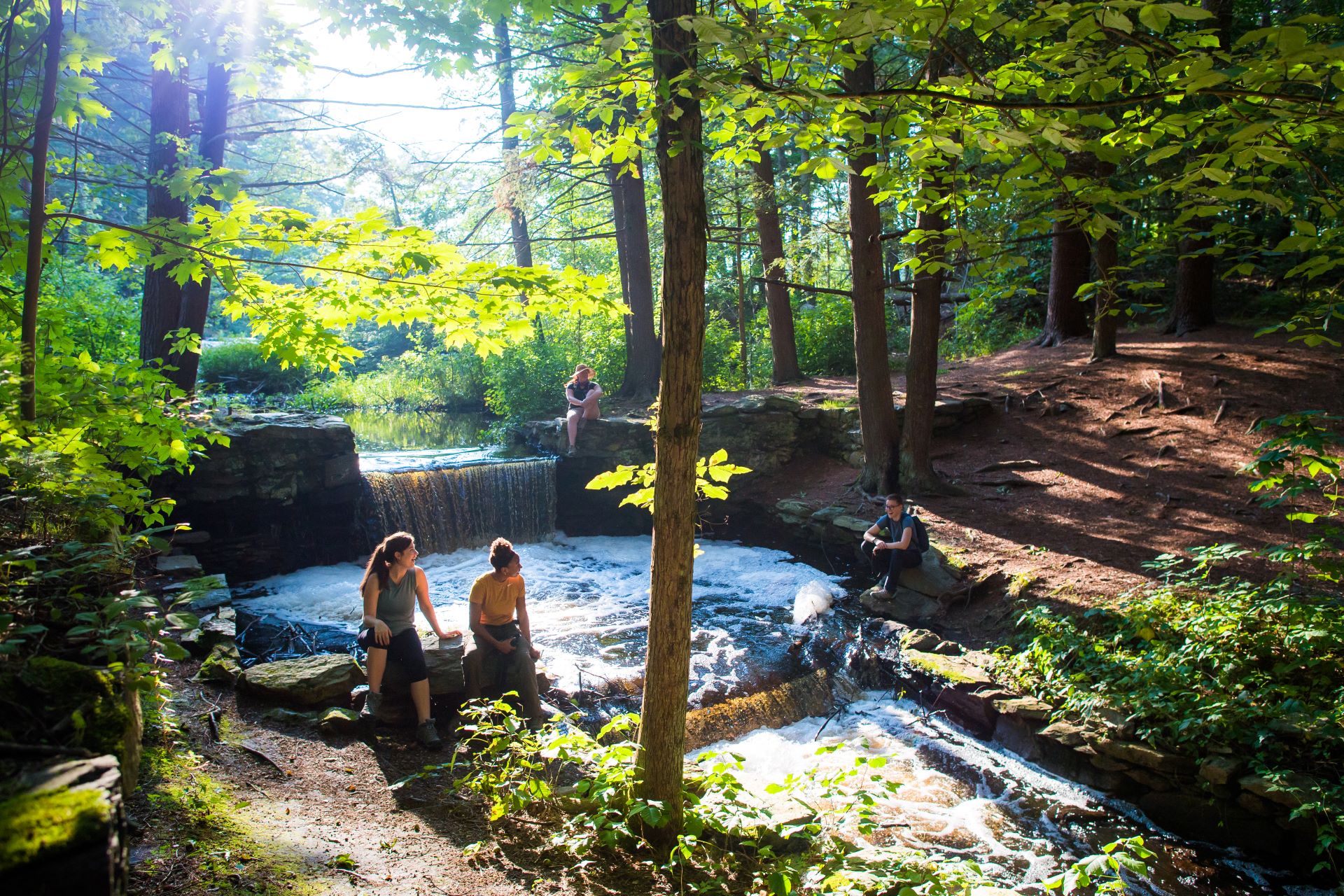 People sitting around a waterfall with sun coming in