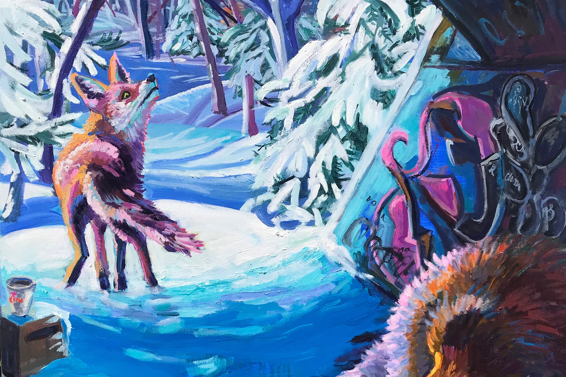 Cropped portion of Fox and Train Bridge by Paula Pitman Brown