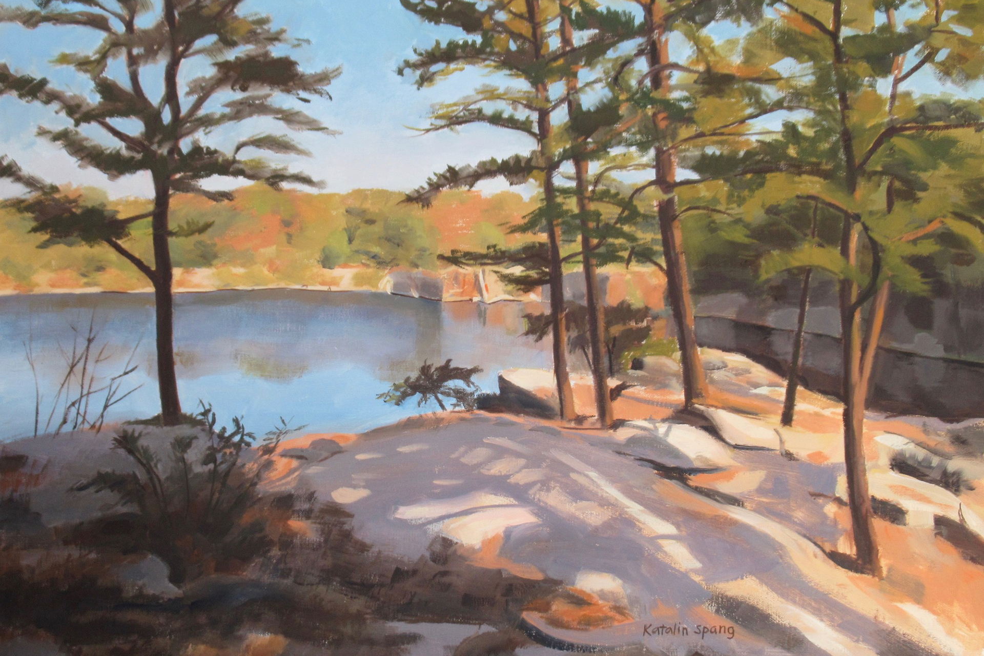 Landscape painting looking out over a lake through sparse trees