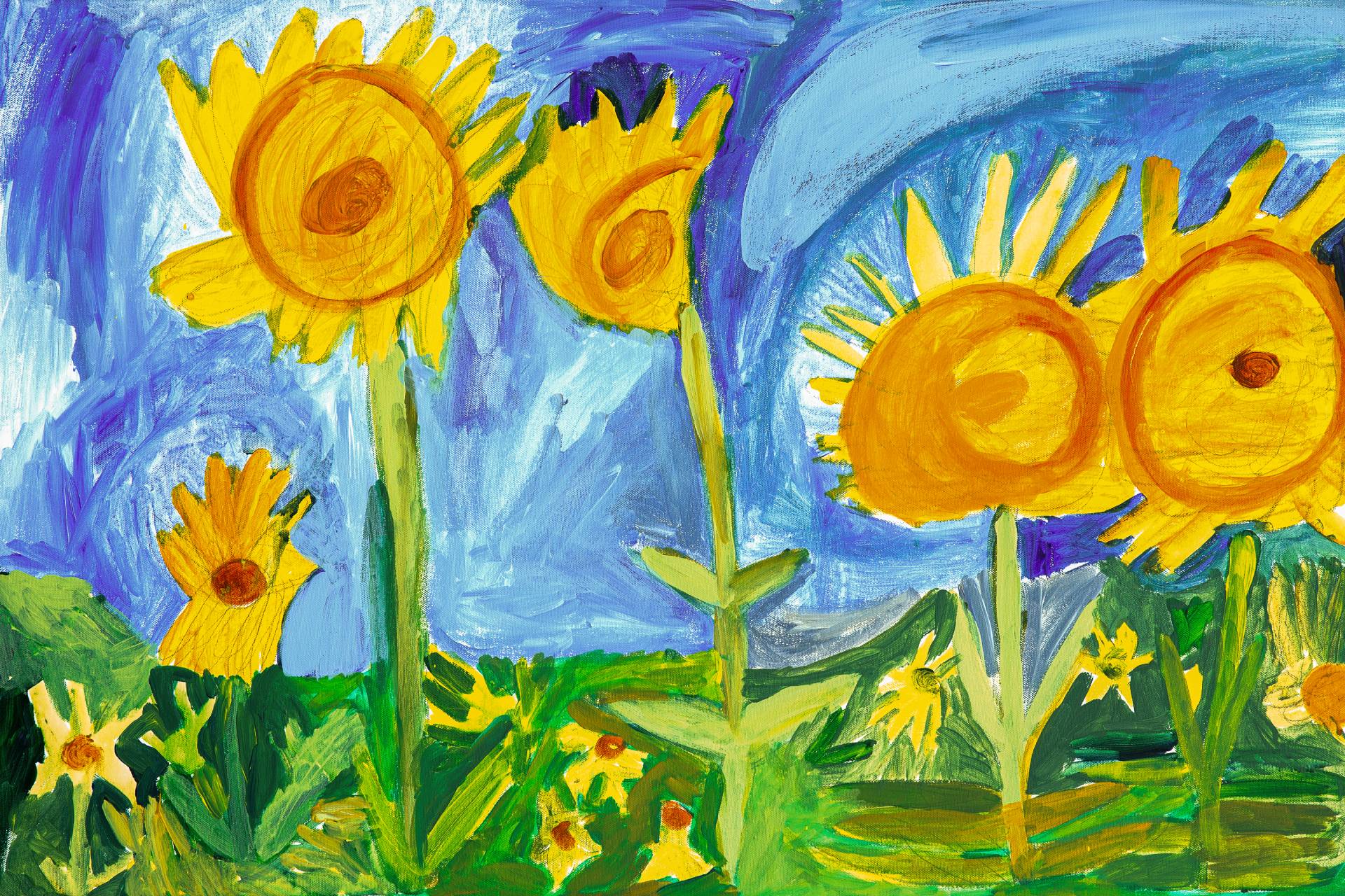 A painting of yellow sunflowers with green stalks, set on a background of blue sky and green grass.