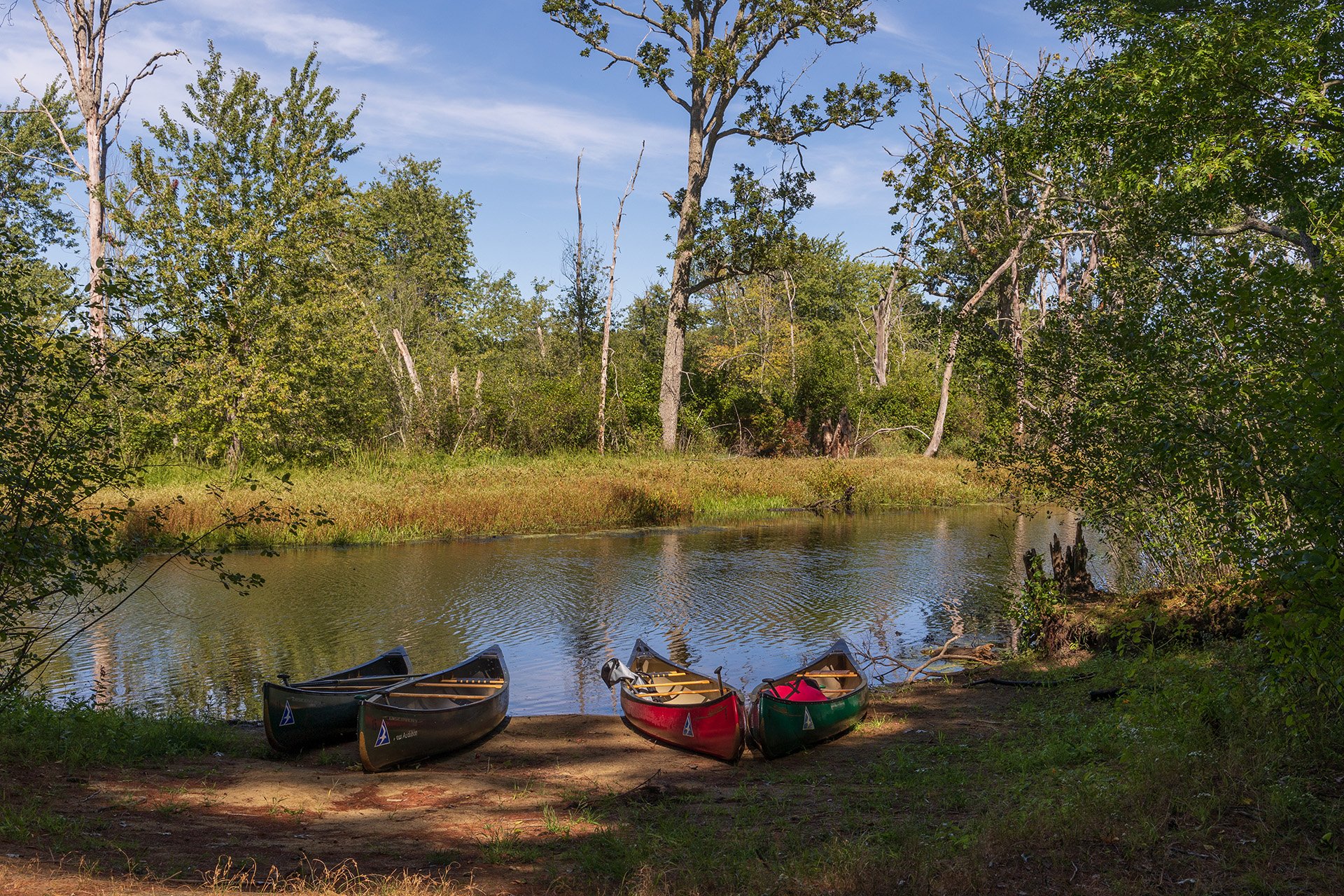 four canoes resting on land offer the river.