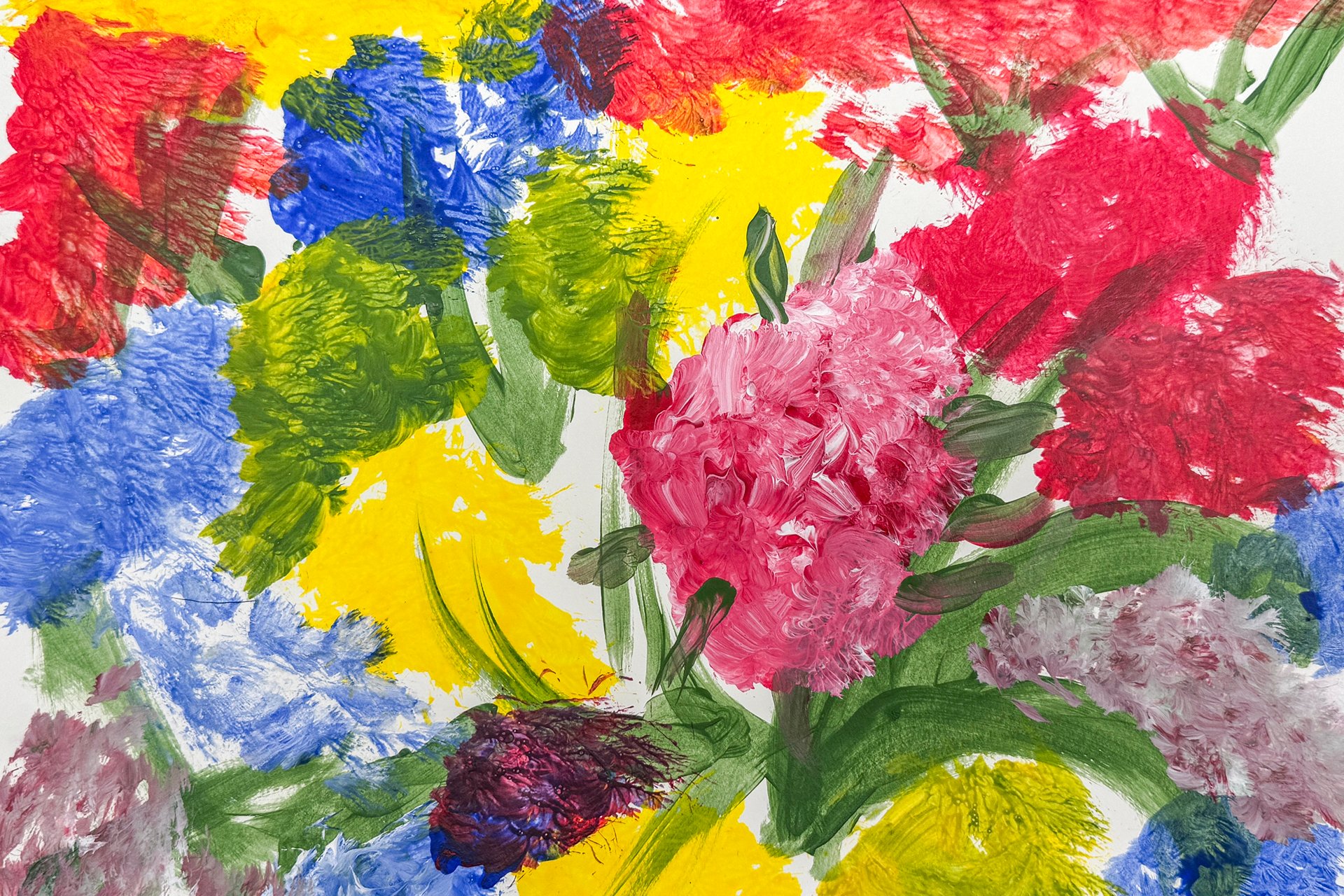 Brightly colored painting of a bundle of flowers