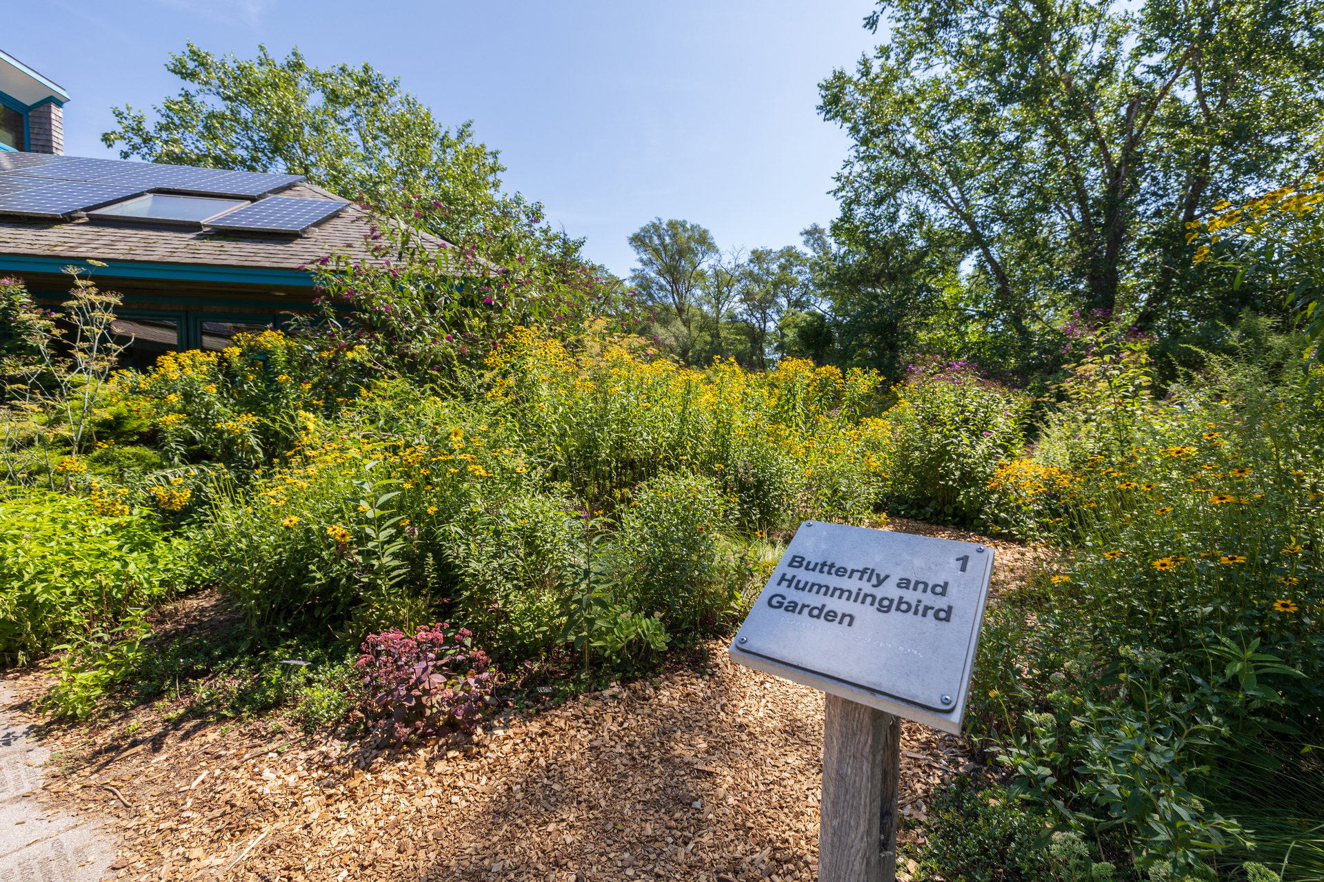garden with sign that says butterfly and hummingbird garden with nature center in background