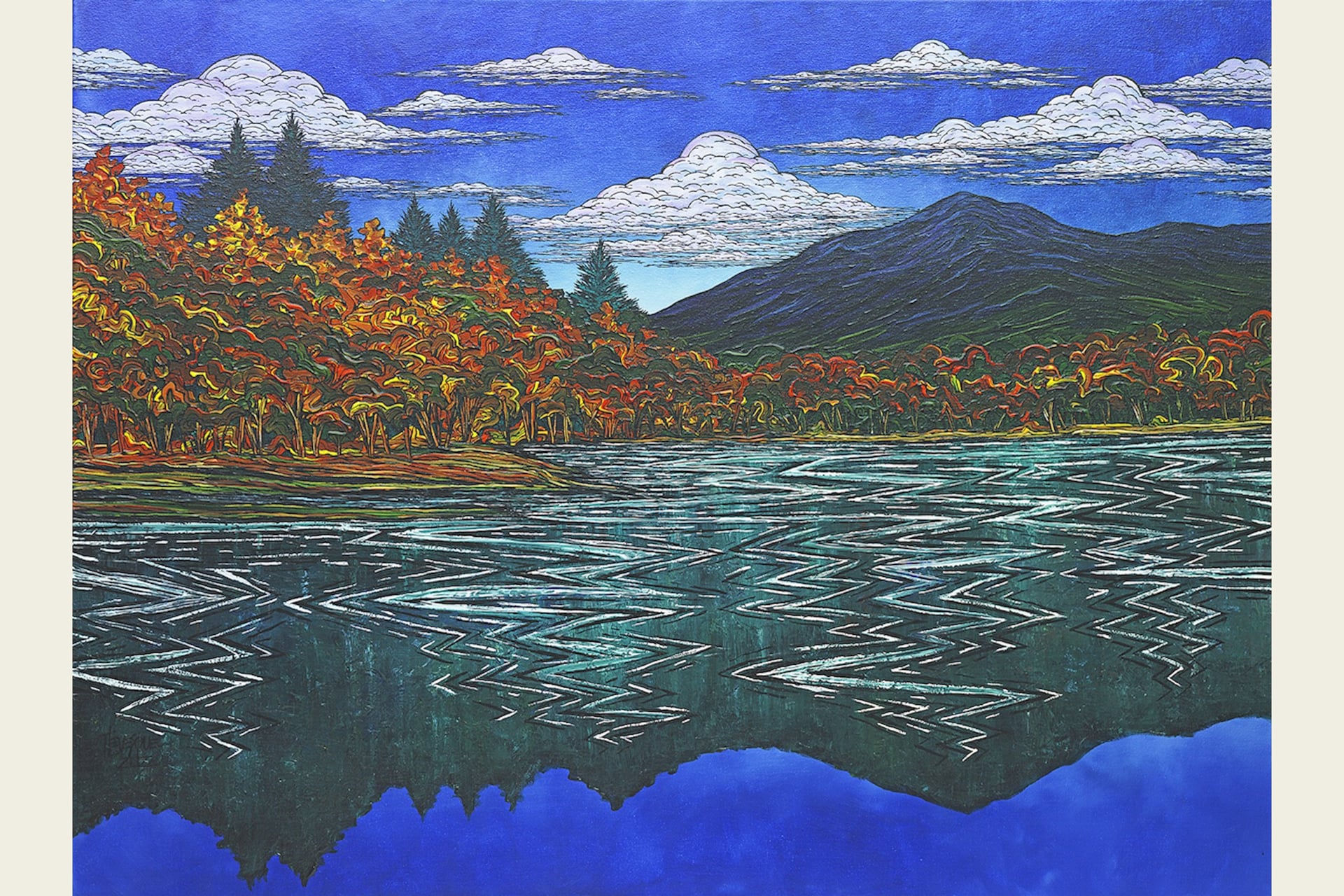 Colorful acrylic painting of a lake, mountains, and autumn trees under a cloudy blue sky