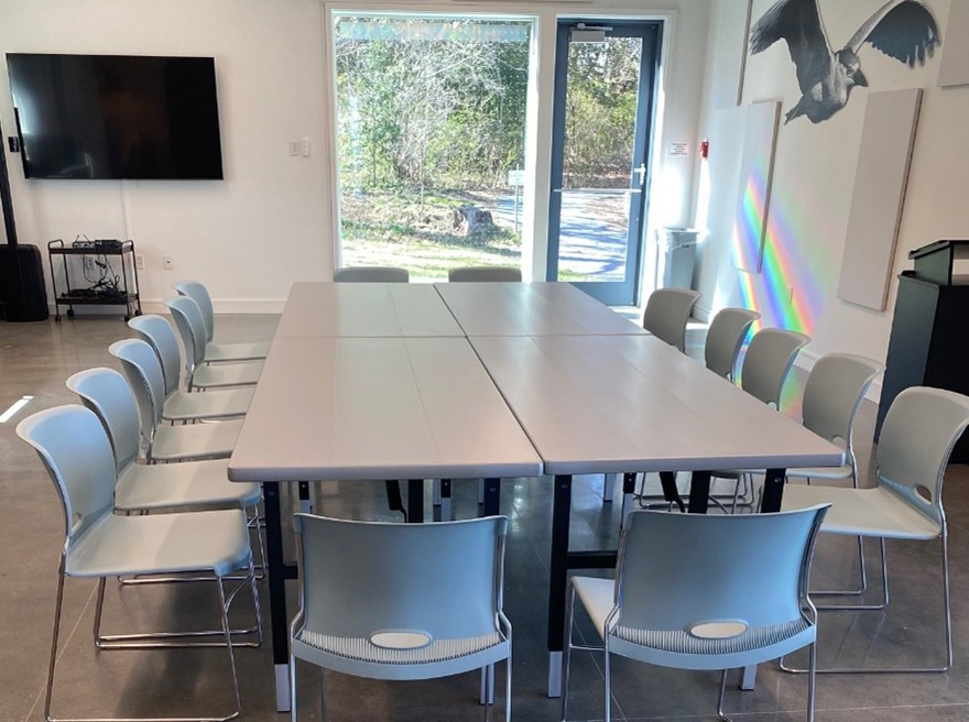 The Discovery Center Auditorium features a conference room table surrounded by chairs. A prism appears on one wall, as well as the image of a bird in flight. On the other wall is a television.