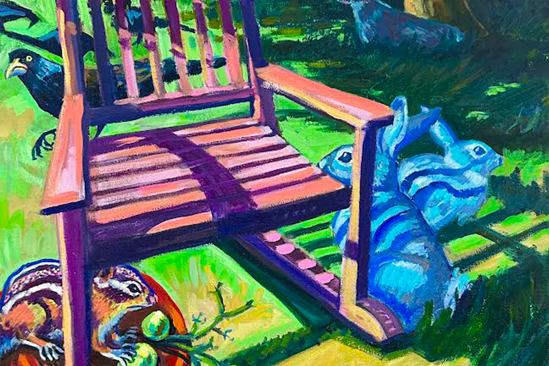 Brightly colored painting of animals around a wooden lawn chair