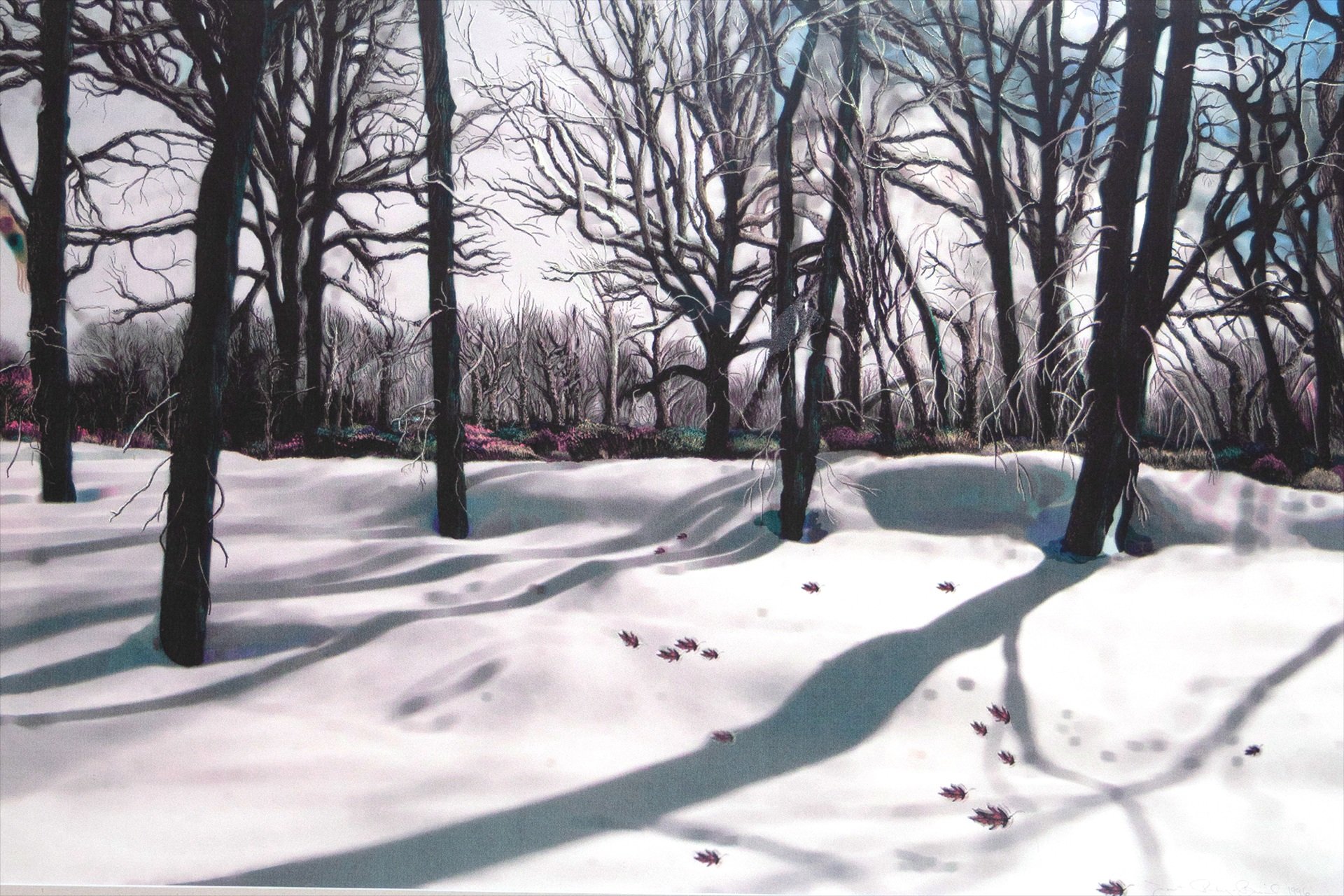 Painting of trees peeking through deep snow with scattered leaves in the midground