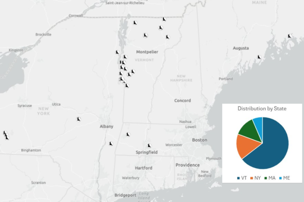 Map displaying where the Bobolink Project works throughout New England