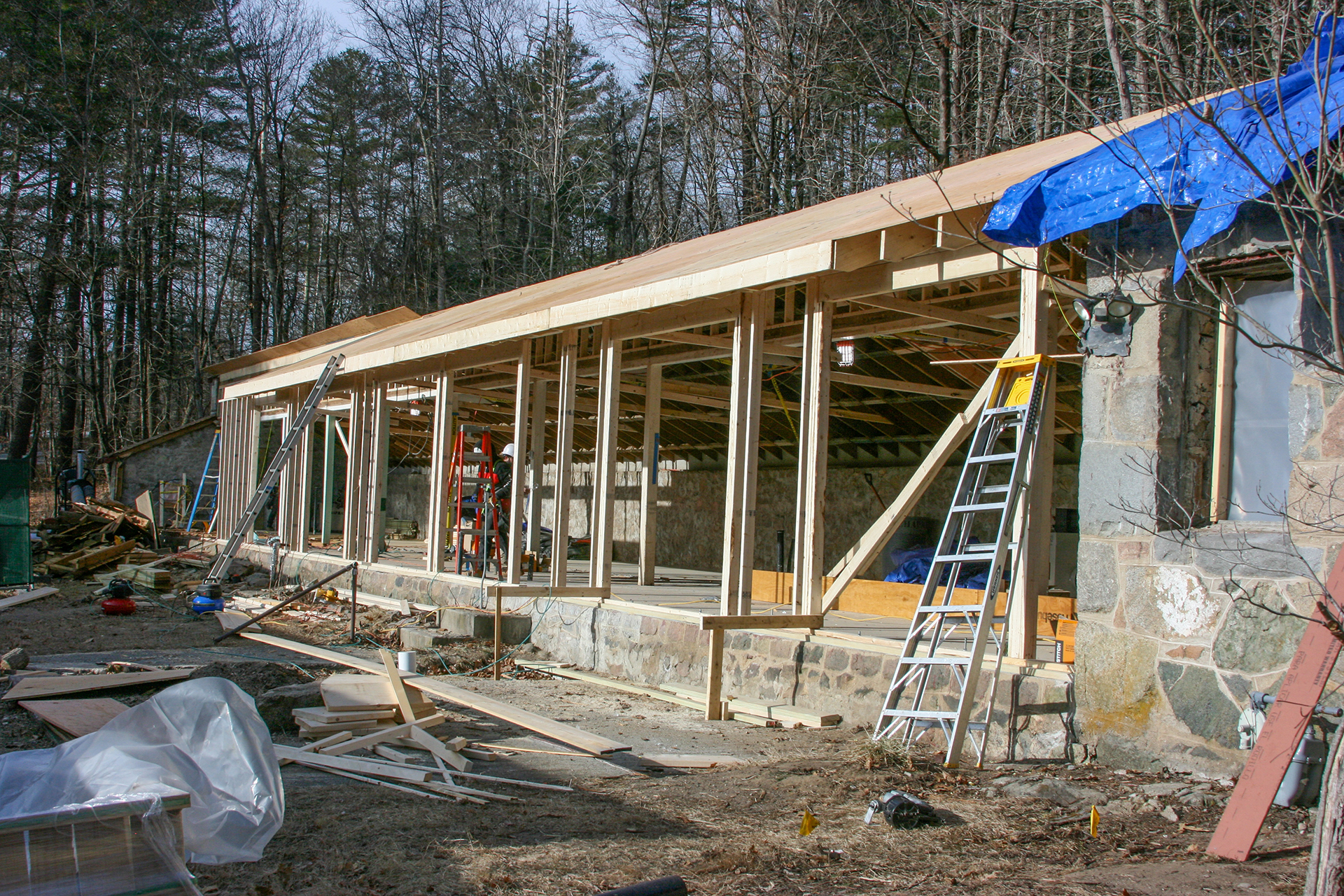 Frame of the new wildlife care center at Drumlin Farm