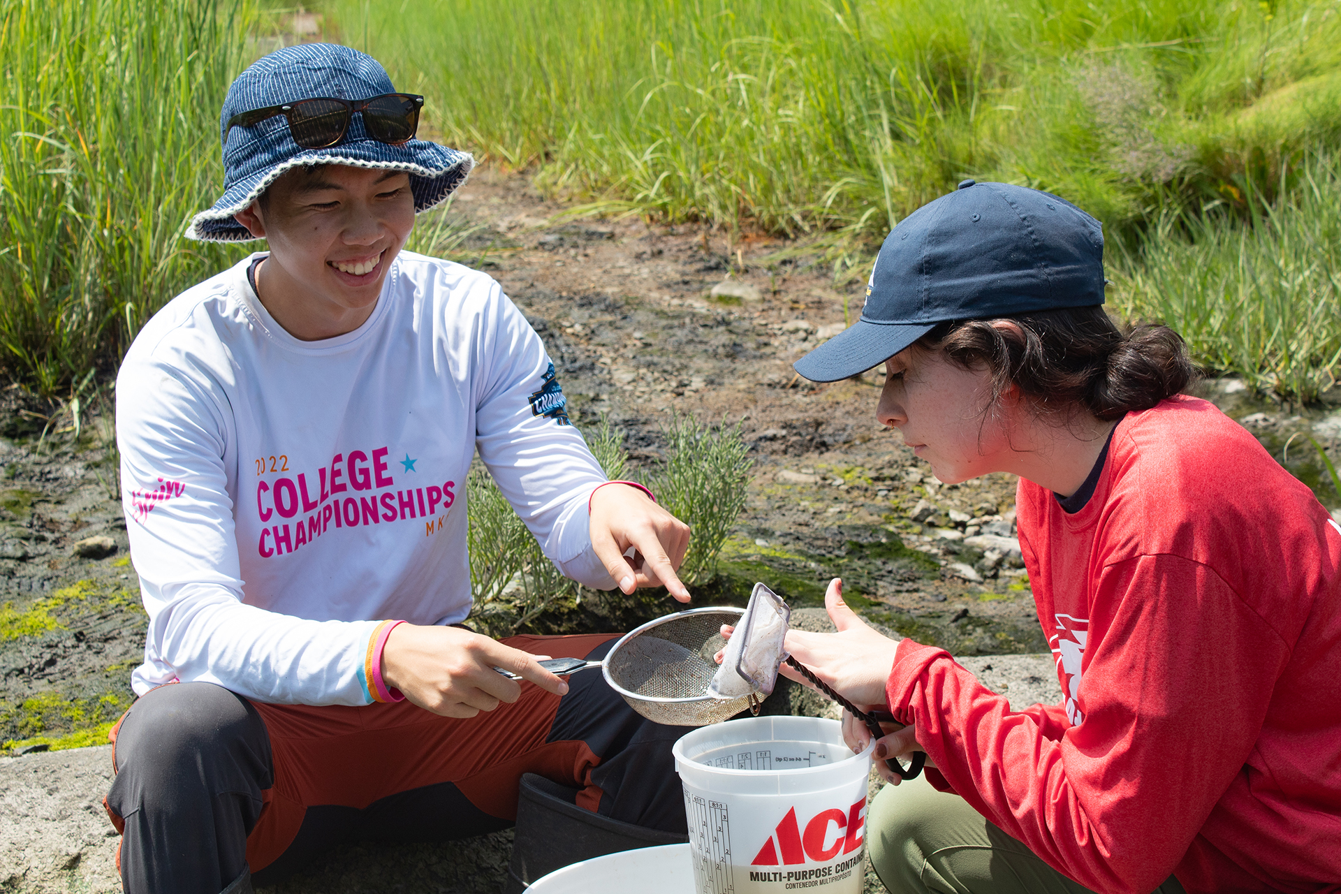 Two young people examining something in the marsh