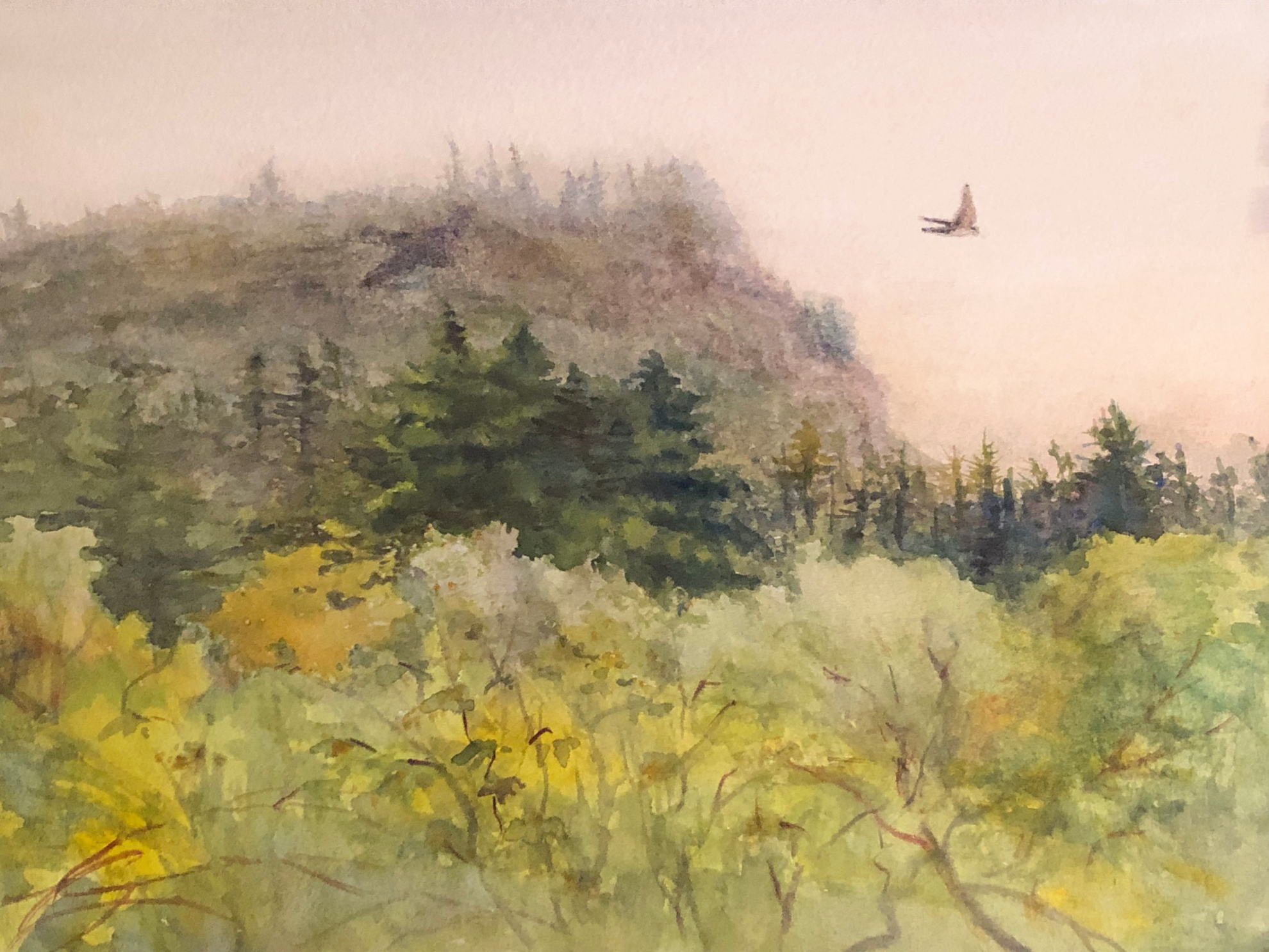 A painted landscape by Julia Yoshida with three rows of trees against a pinkish sky. A bird soars through the open space in the upper right.