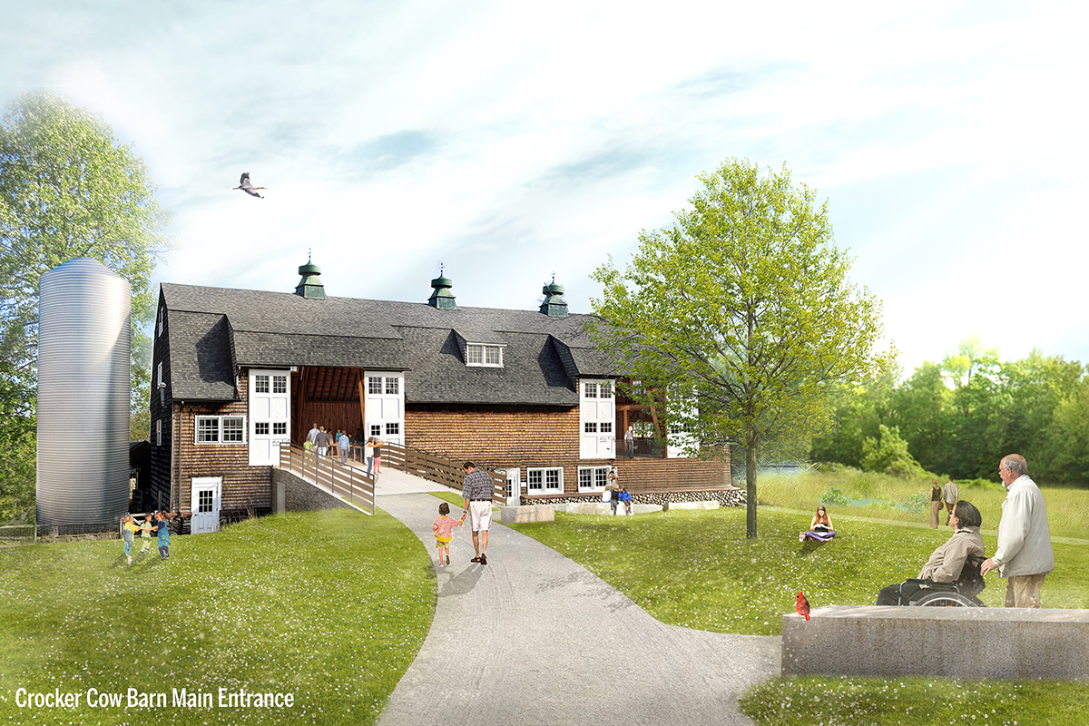 Rendering of future entrance to Crocker Barn showing wheelchair accessible path