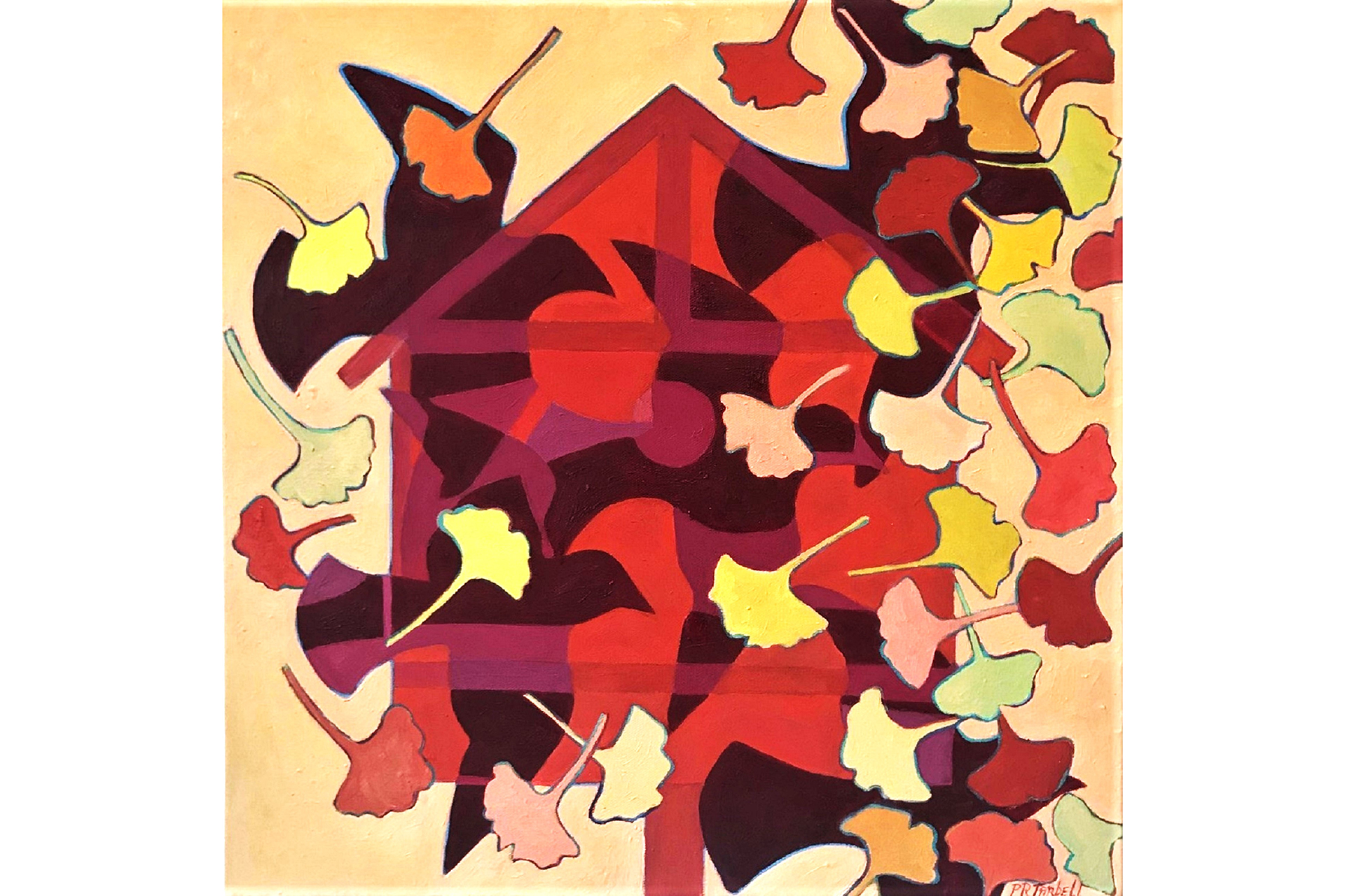 A painting of a red birdhouse frame surrounded by warm-toned ginko leaves