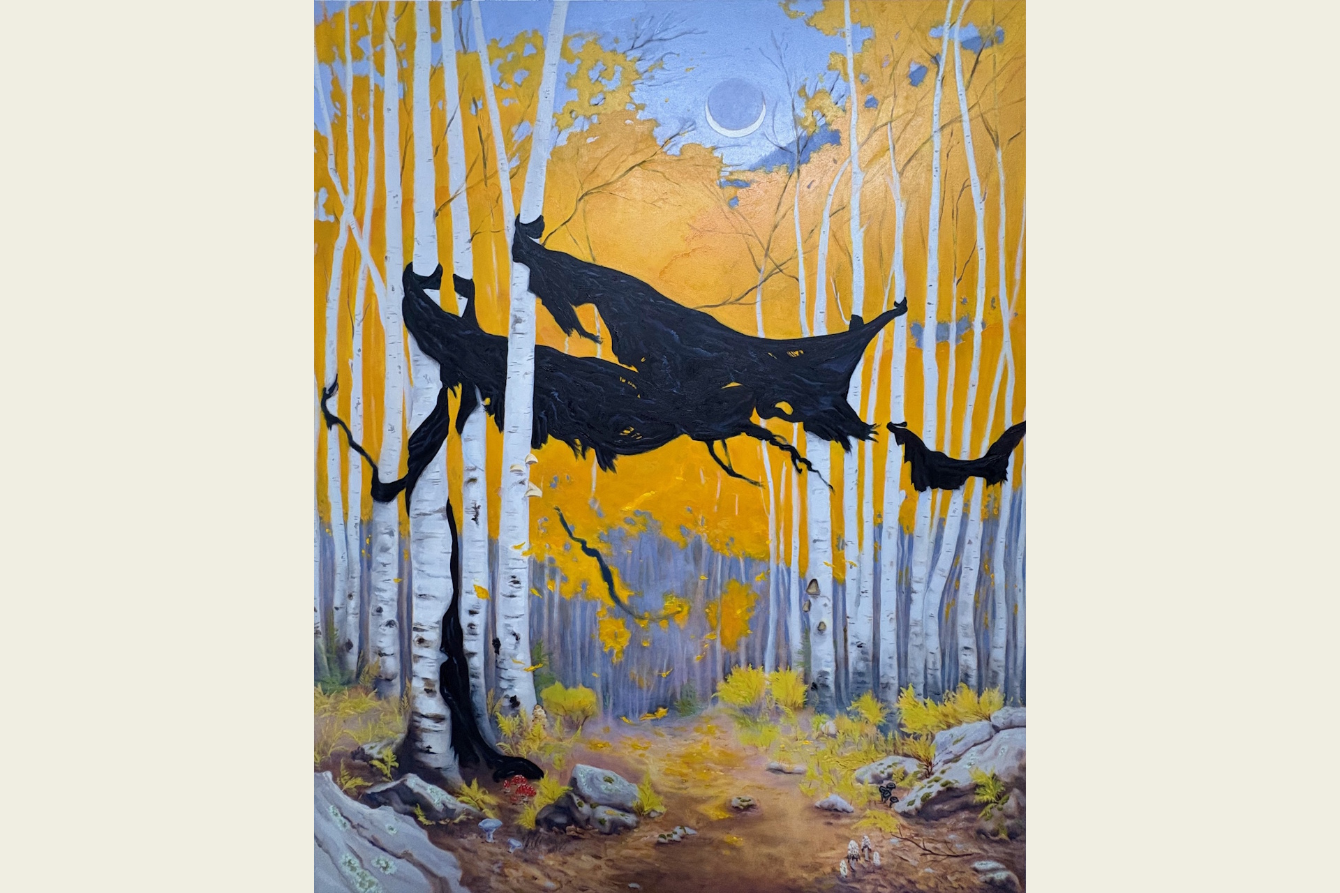 Painting of a tattered black fabric caught in birth trees with bright yellow leaves