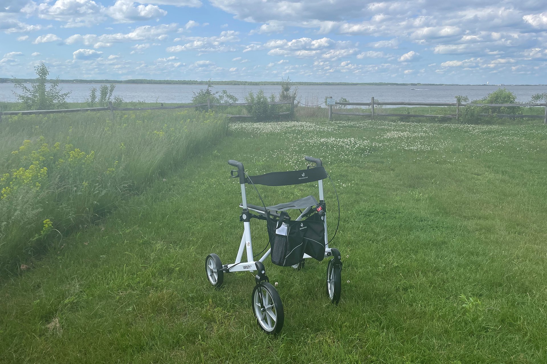 A Rollator mobility assistance device in a grassy field