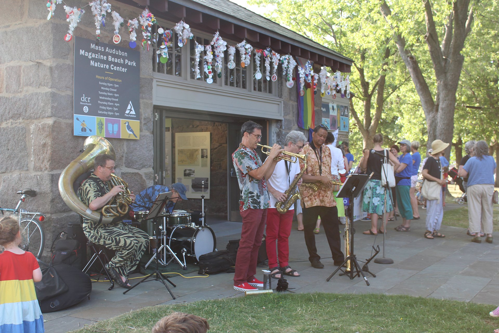 performers in front of the nature center at Magazine Beach