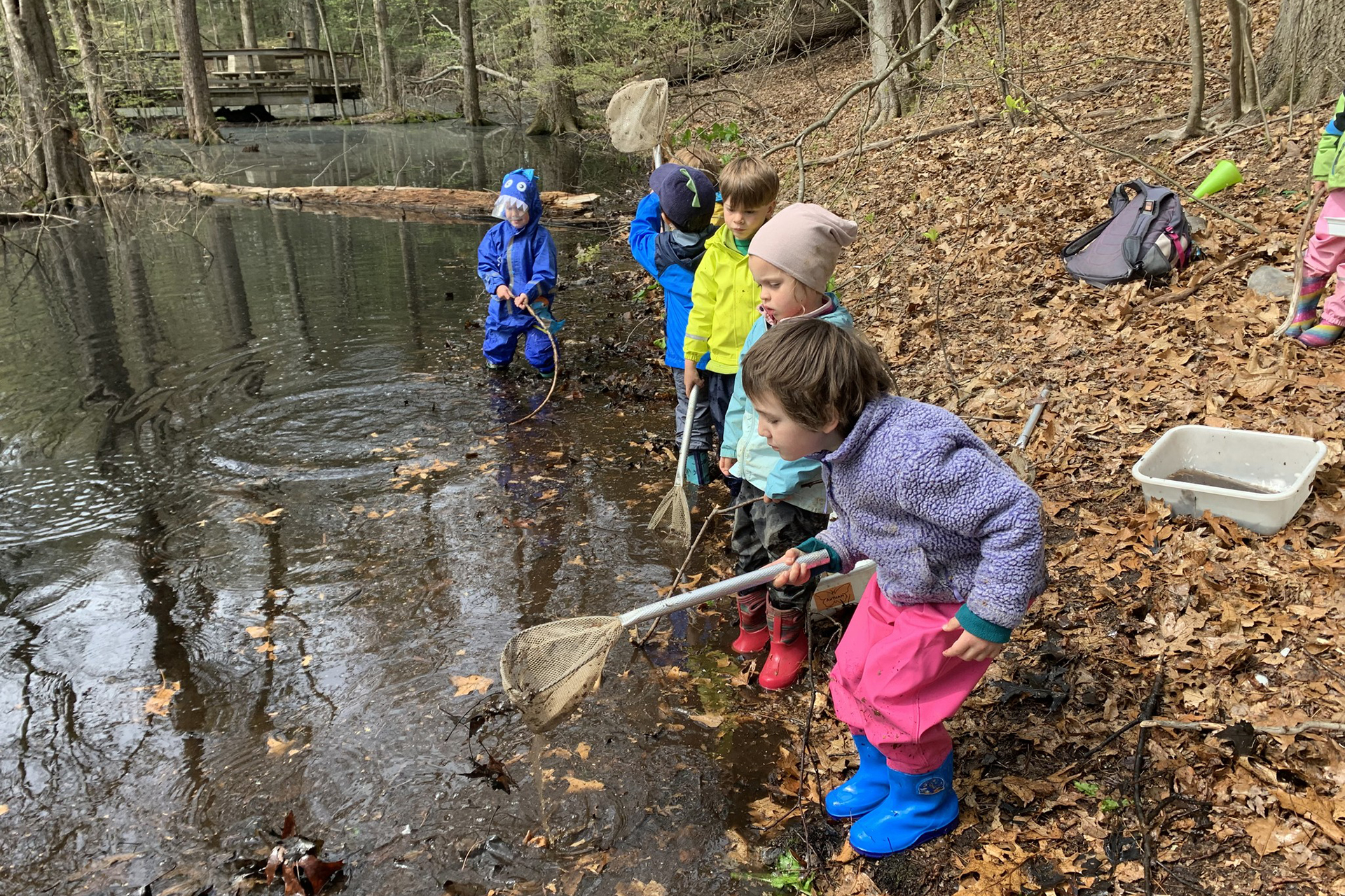 Arcadia preschoolers with nets on water's edge 1