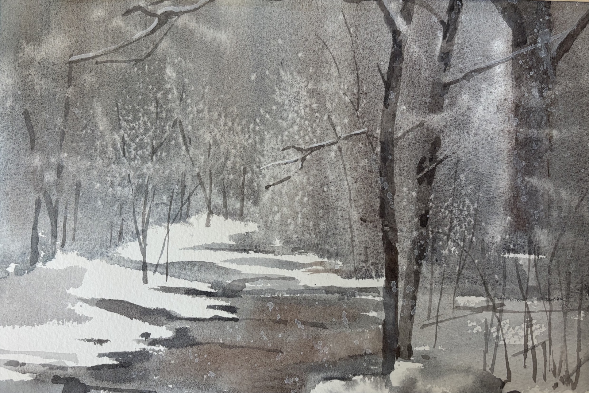 Winter watercolor landscape with soft, muted gray tones