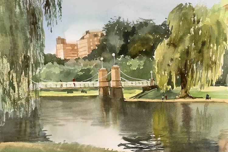Watercolor painting of a bridge over water