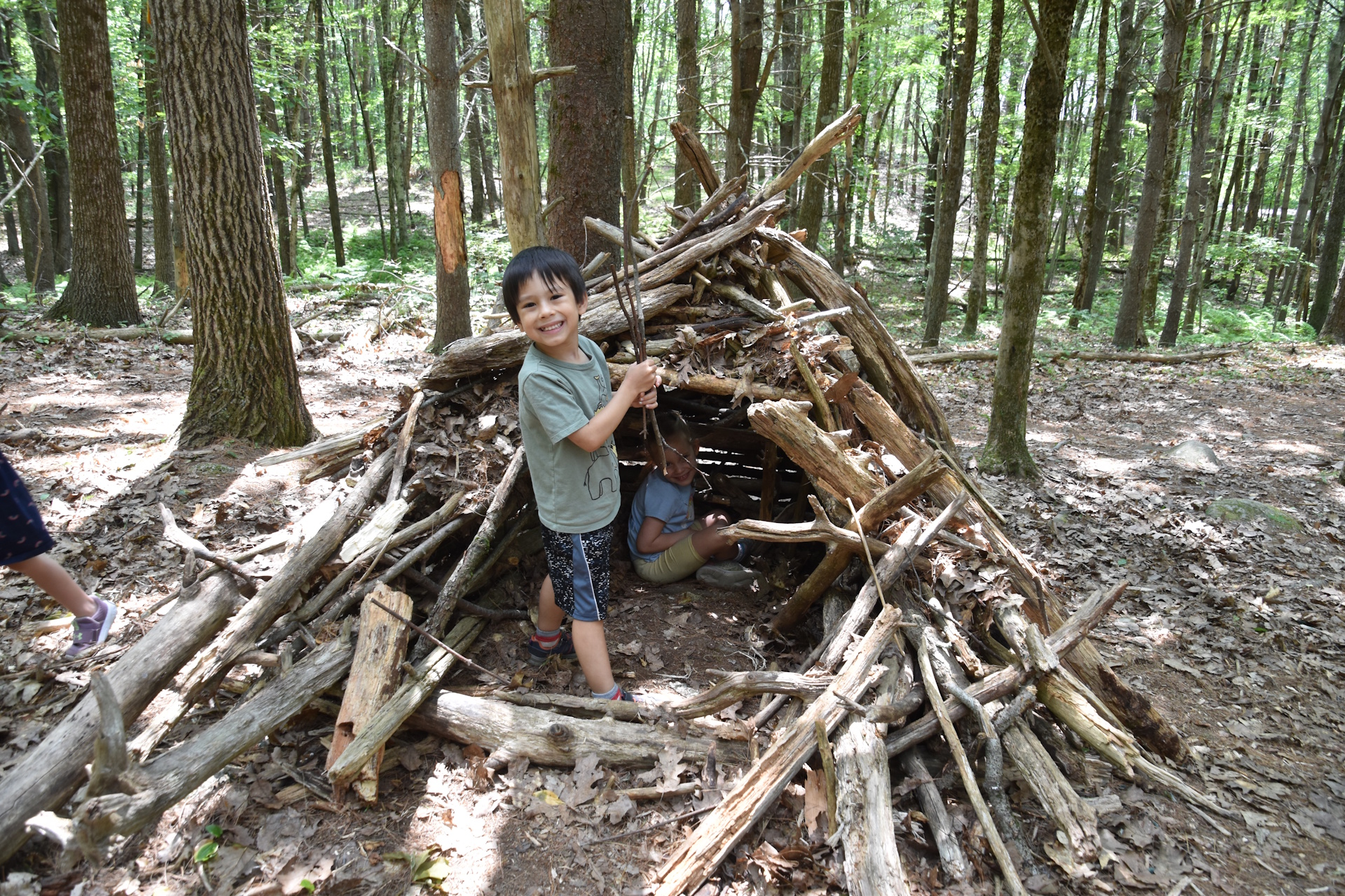 Two children playing in a fort made of branches