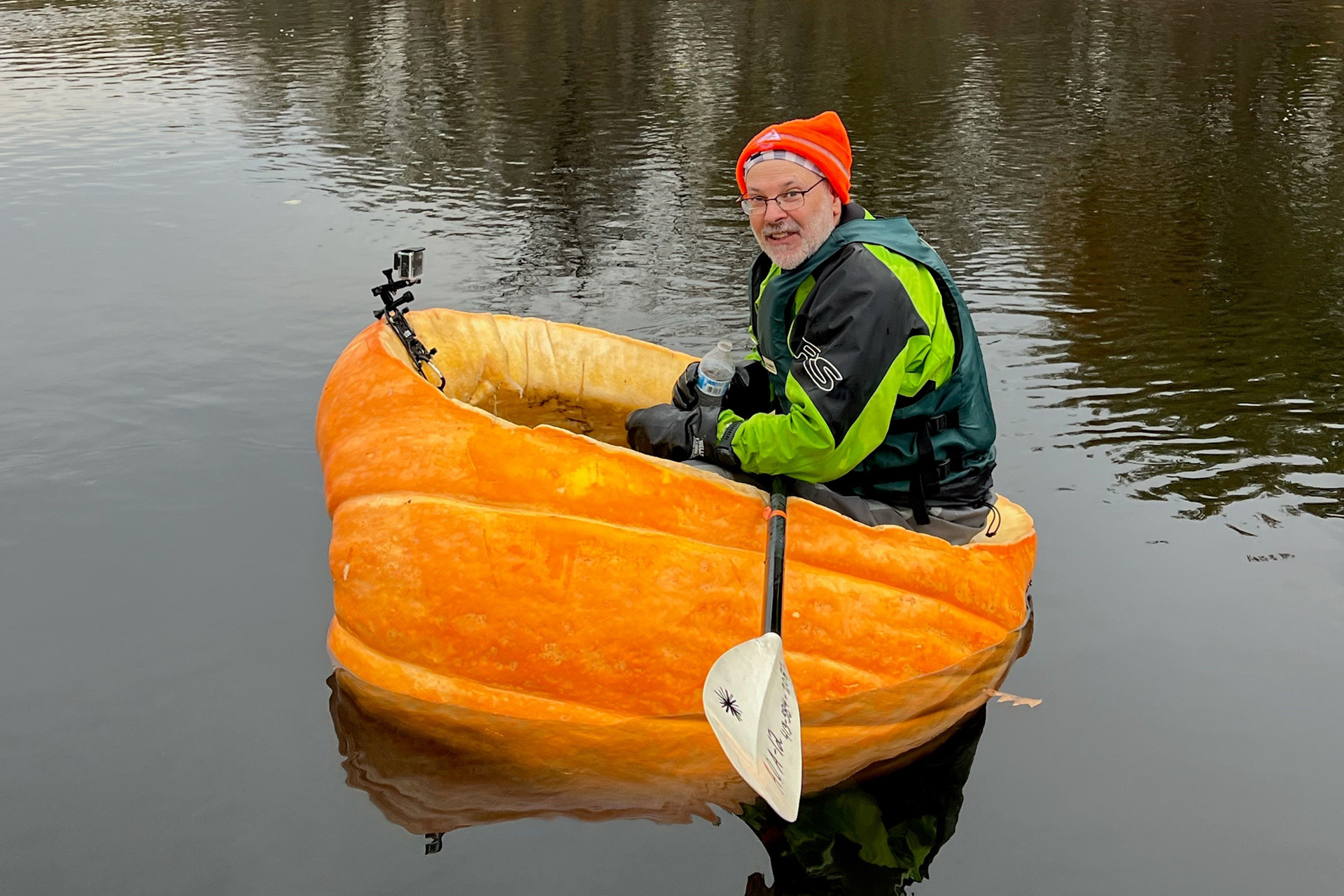 Dave Rothstein in a homemade pumpkin raft