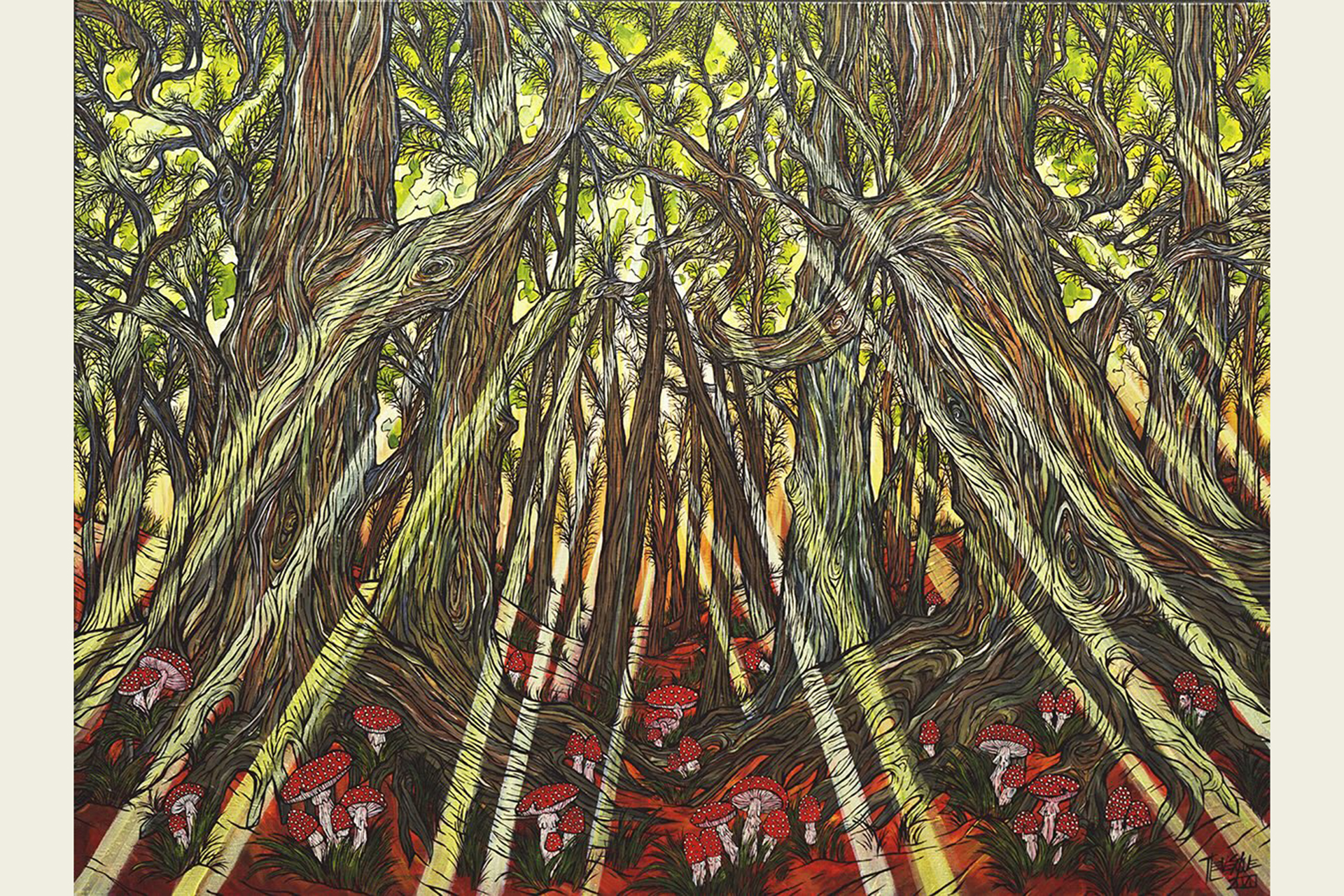 Colorful green, yellow, and red stylized acrylic painting of light streaming through the tree canopy