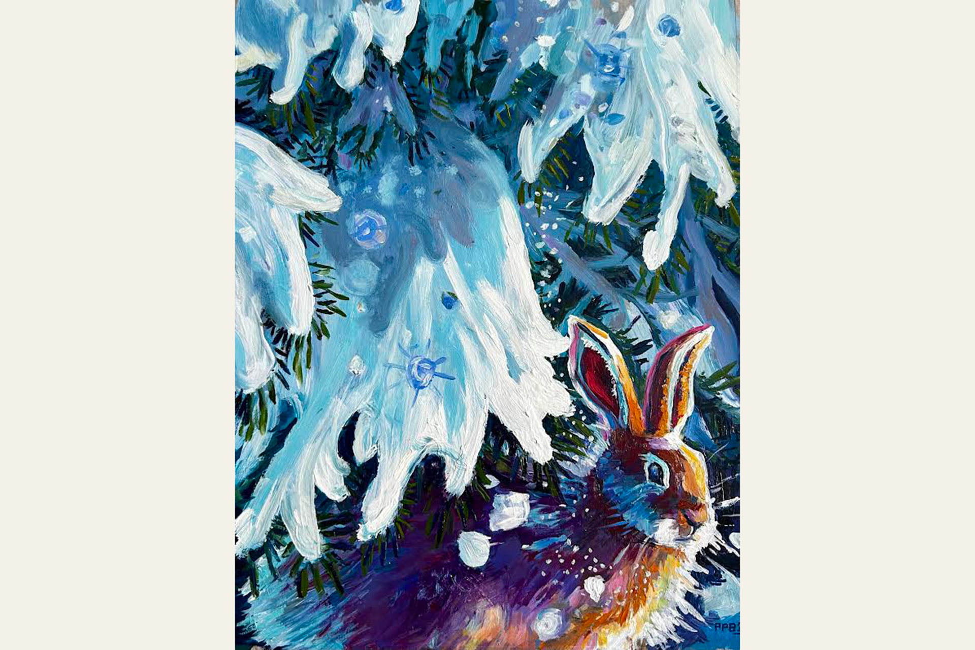 Vivid painting of a hare under a snowy tree against a cream background