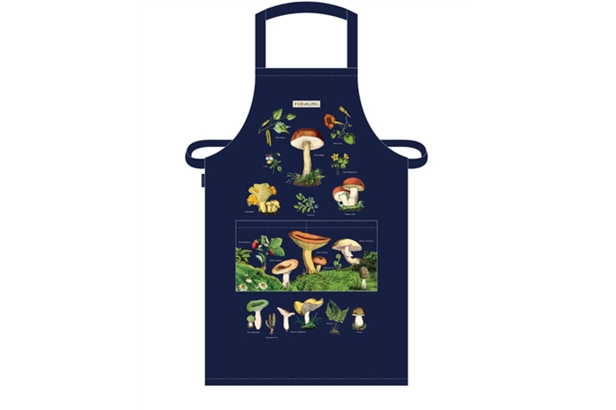 navy apron with pictures of mushrooms on it