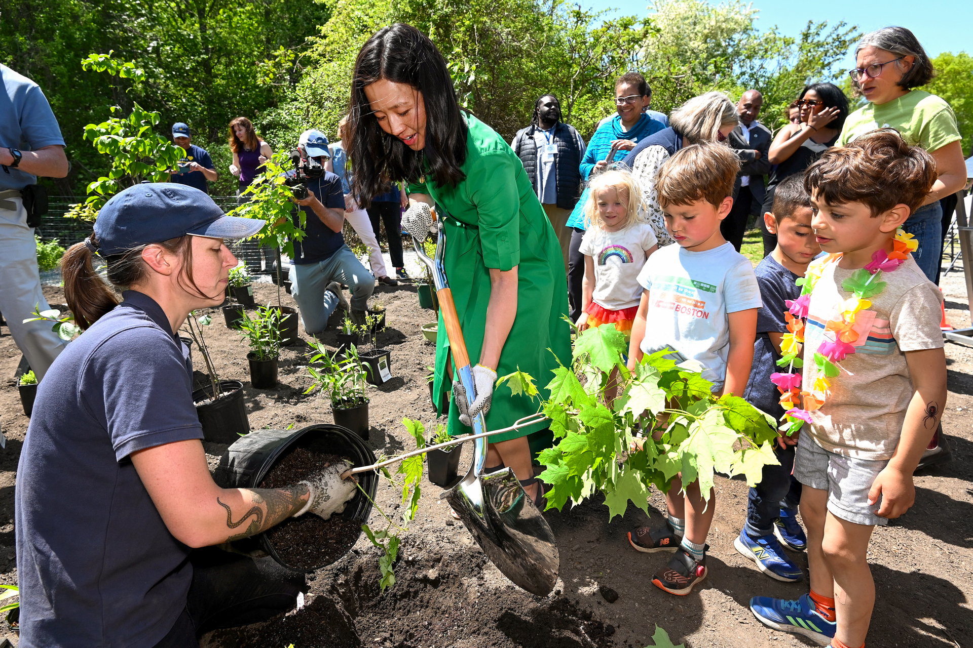 Boston Mayor Michelle Wu using a shovel to plant a young maple sapling while young children look on at the Boston Nature Center tree planting ceremony to celebrate the launch of the Boston Tree Alliance in May 2023